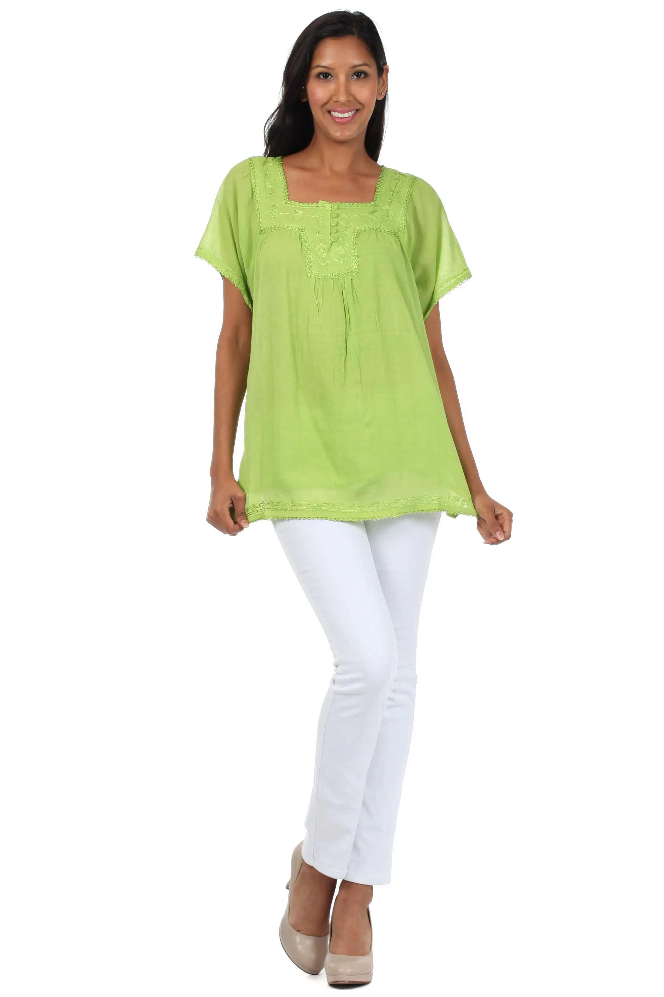 Sakkas Square Neck Button Detail Semi-Sheer Gauzy Cotton Blouse