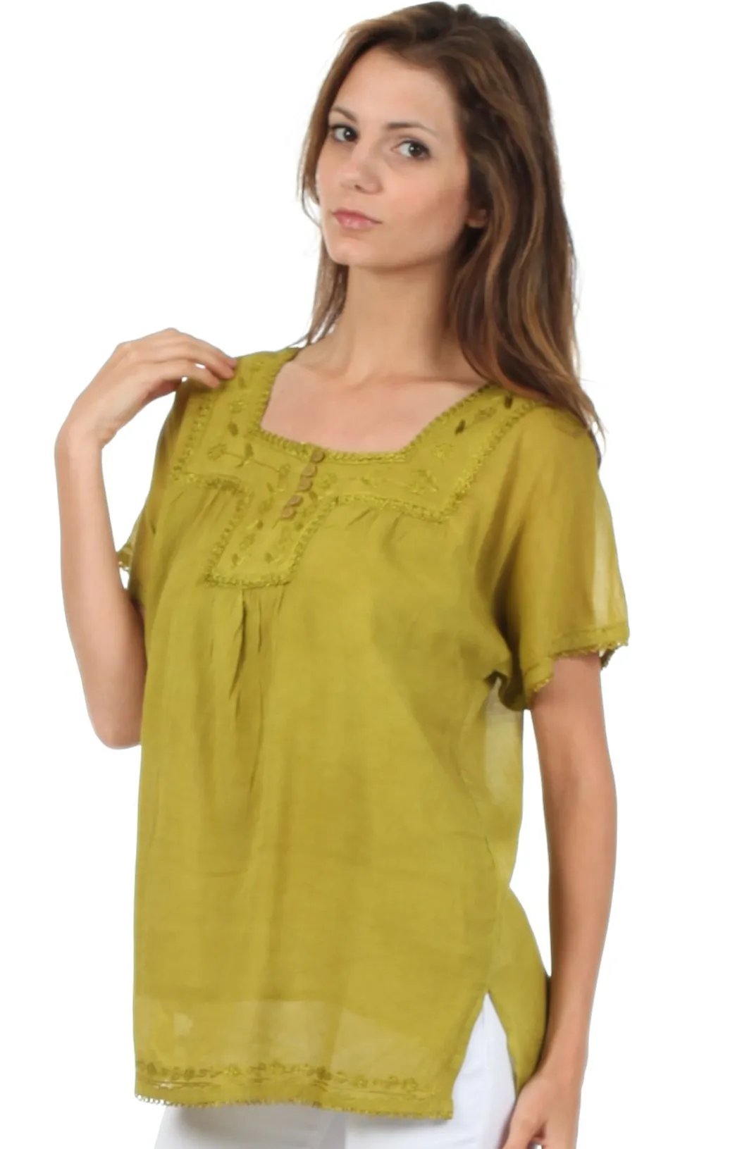 Sakkas Square Neck Button Detail Semi-Sheer Gauzy Cotton Blouse