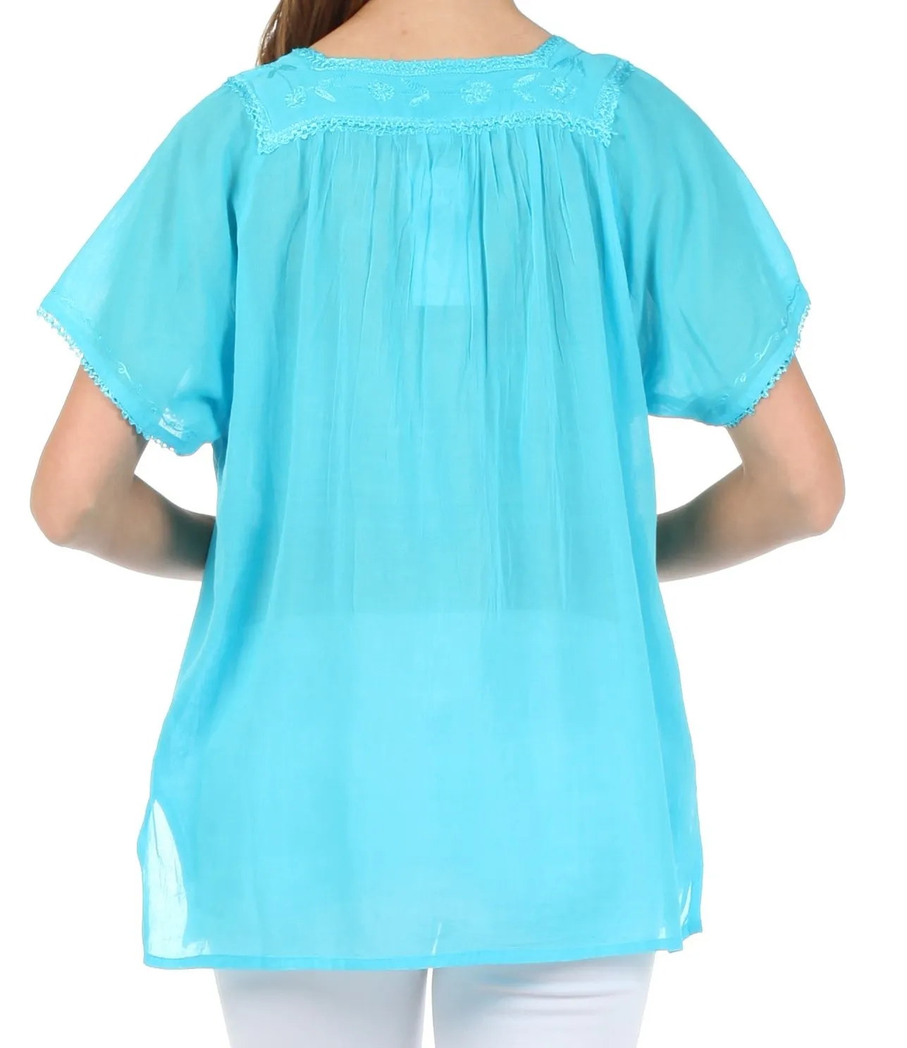 Sakkas Square Neck Button Detail Semi-Sheer Gauzy Cotton Blouse