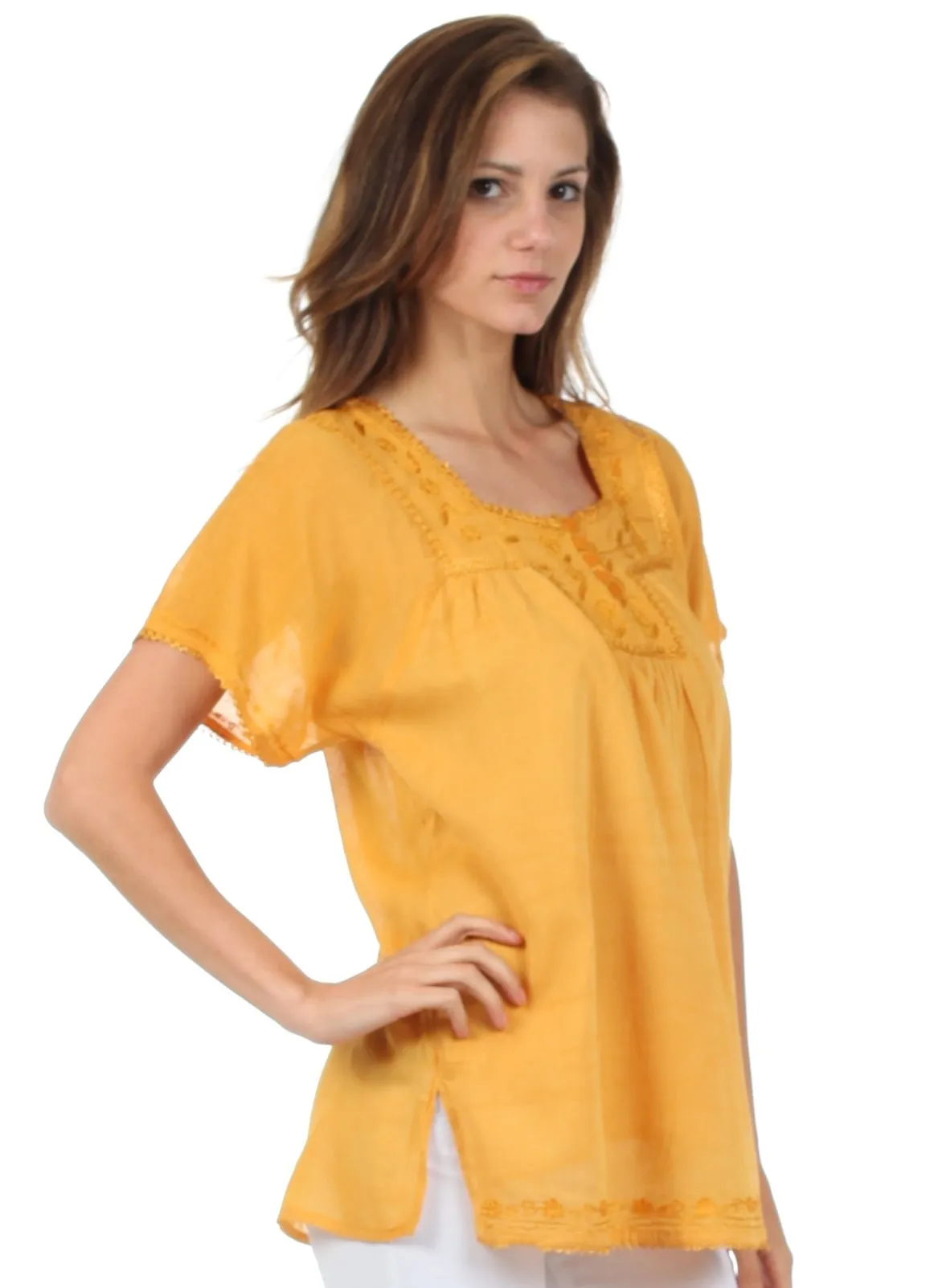 Sakkas Square Neck Button Detail Semi-Sheer Gauzy Cotton Blouse