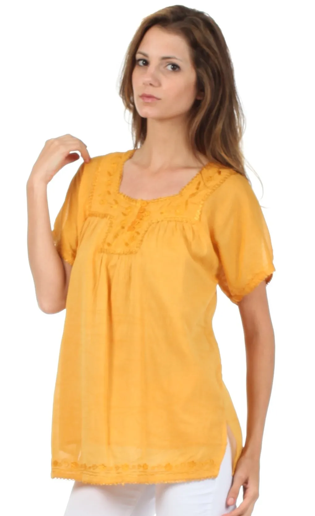 Sakkas Square Neck Button Detail Semi-Sheer Gauzy Cotton Blouse