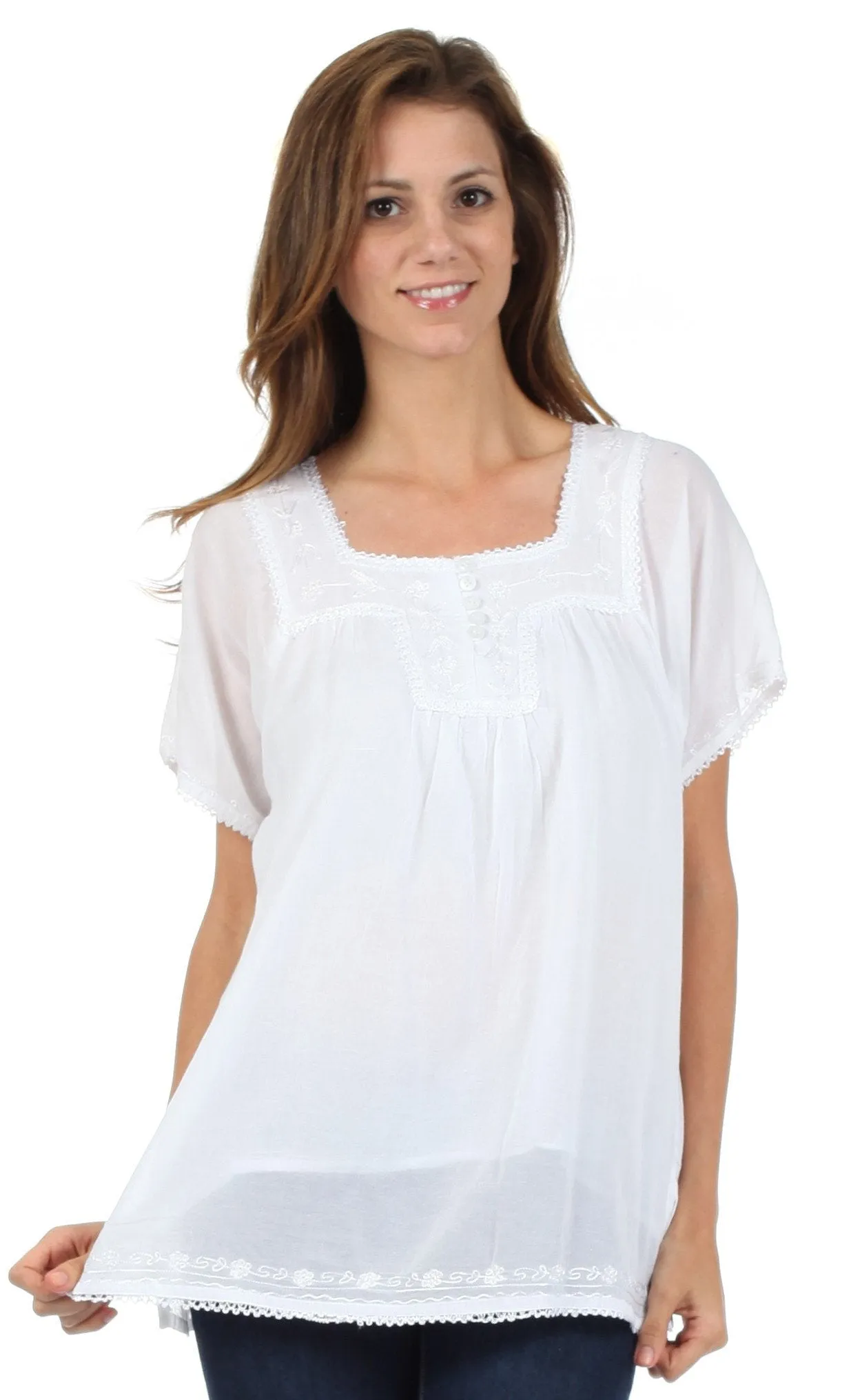 Sakkas Square Neck Button Detail Semi-Sheer Gauzy Cotton Blouse