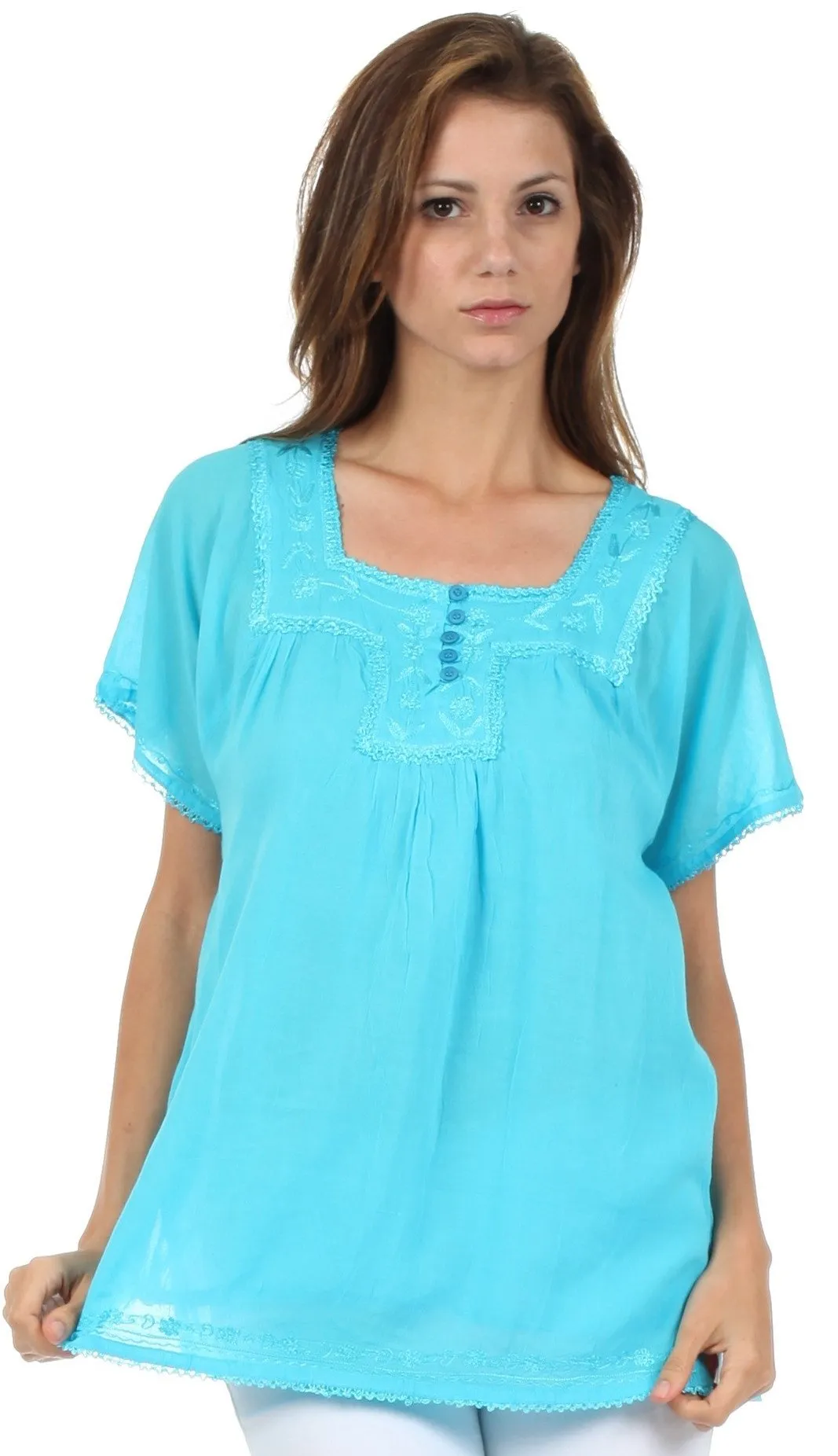 Sakkas Square Neck Button Detail Semi-Sheer Gauzy Cotton Blouse