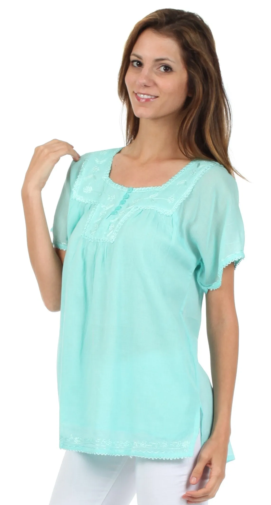 Sakkas Square Neck Button Detail Semi-Sheer Gauzy Cotton Blouse