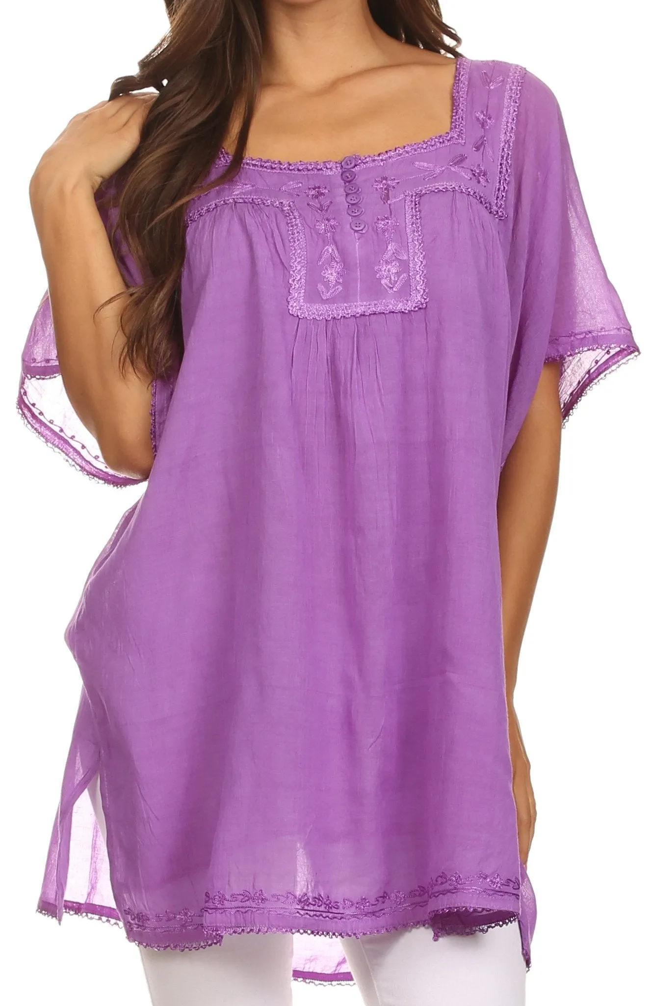 Sakkas Square Neck Button Detail Semi-Sheer Gauzy Cotton Blouse