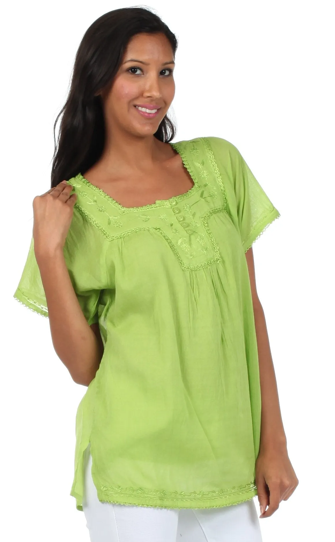 Sakkas Square Neck Button Detail Semi-Sheer Gauzy Cotton Blouse