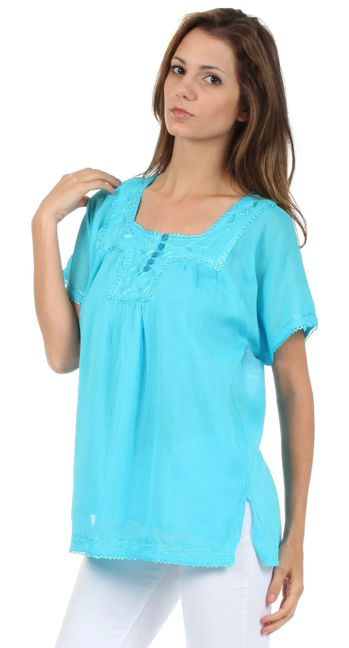 Sakkas Square Neck Button Detail Semi-Sheer Gauzy Cotton Blouse