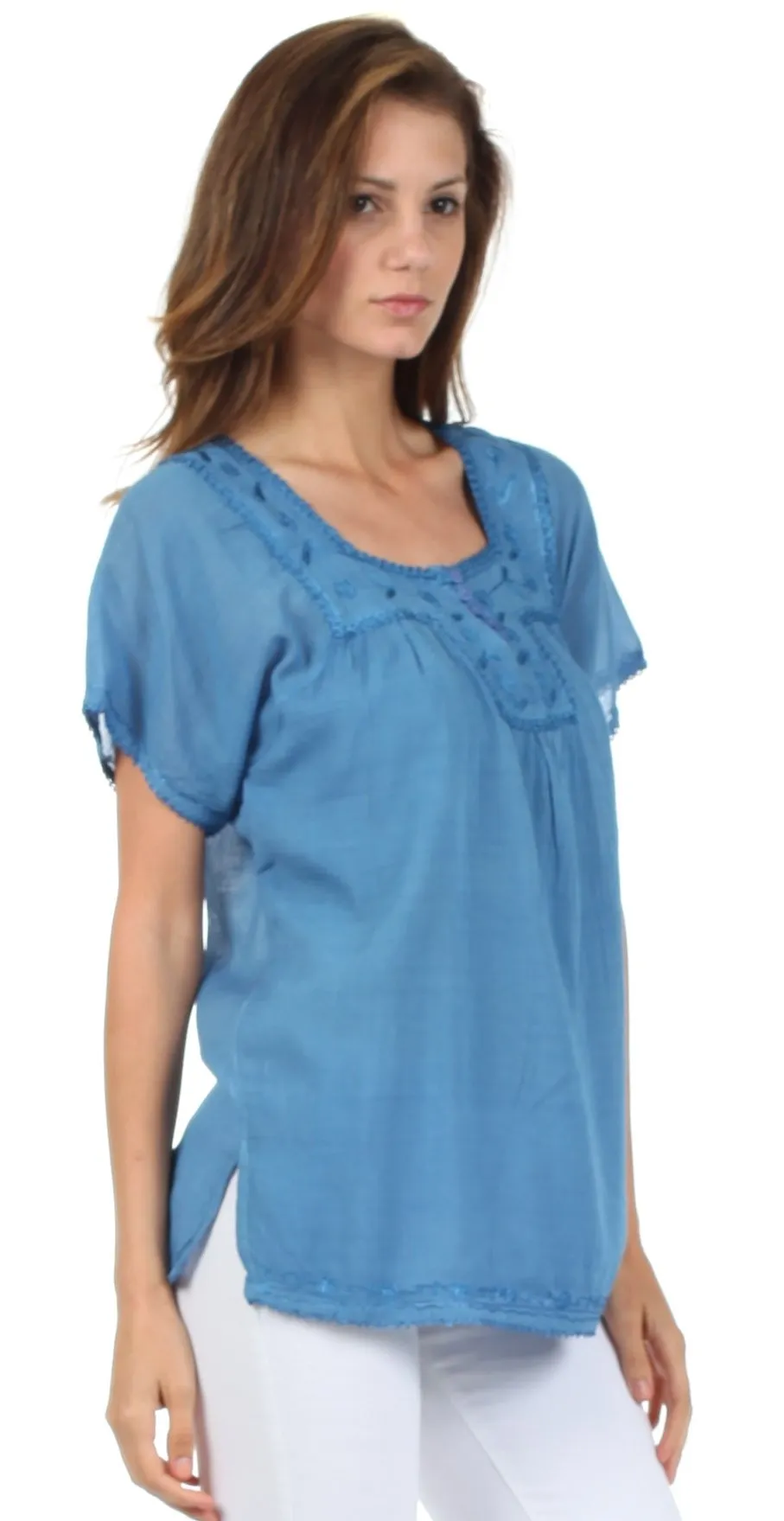 Sakkas Square Neck Button Detail Semi-Sheer Gauzy Cotton Blouse