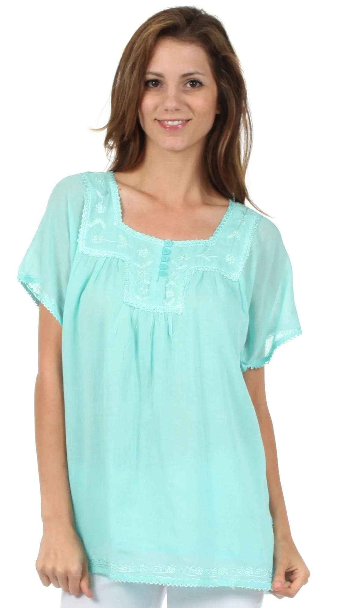 Sakkas Square Neck Button Detail Semi-Sheer Gauzy Cotton Blouse