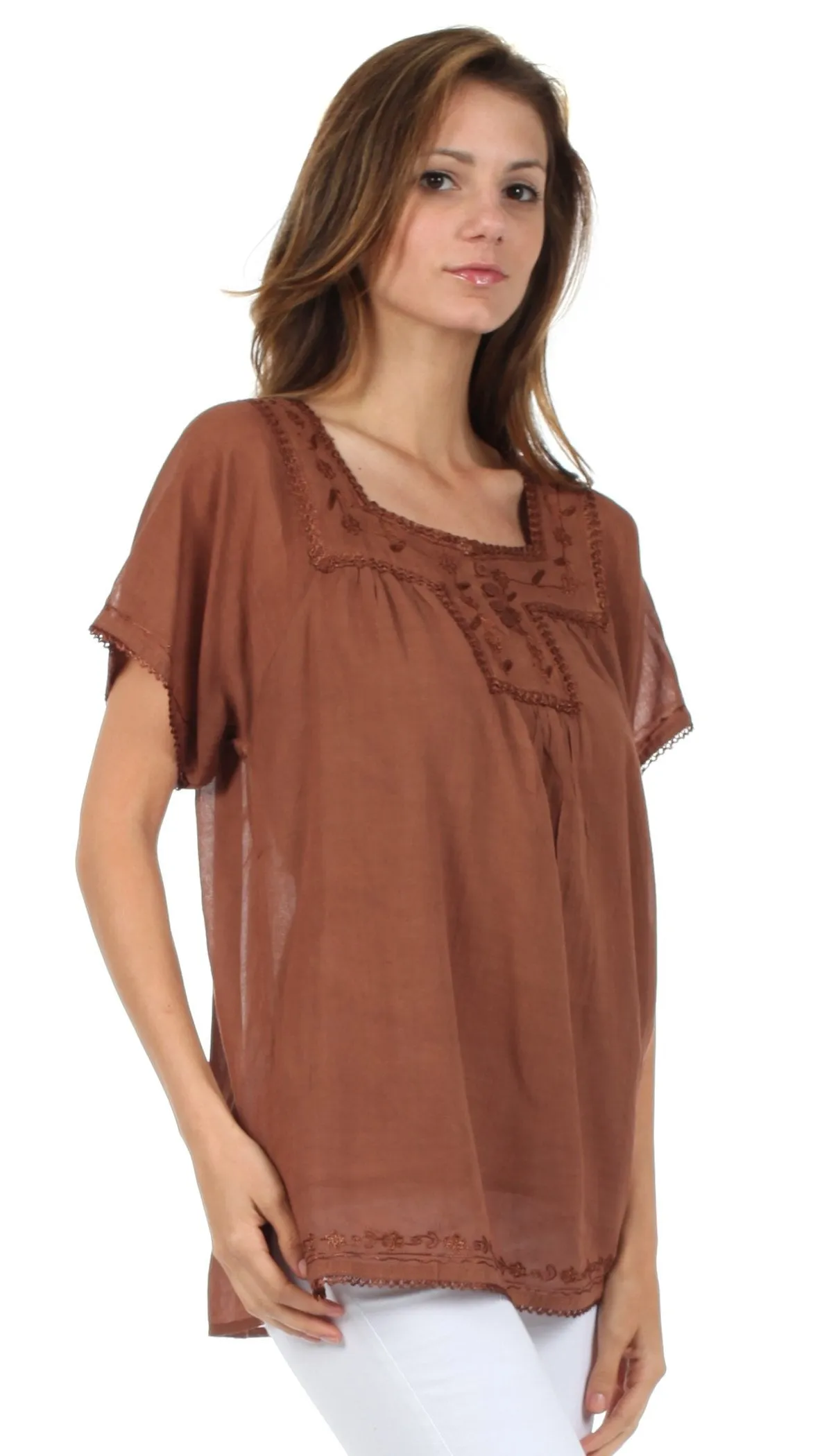 Sakkas Square Neck Button Detail Semi-Sheer Gauzy Cotton Blouse