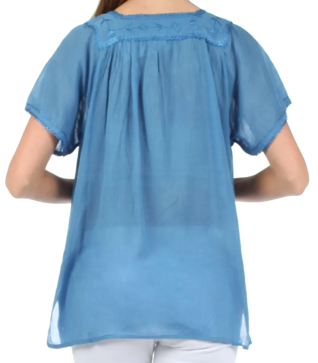 Sakkas Square Neck Button Detail Semi-Sheer Gauzy Cotton Blouse