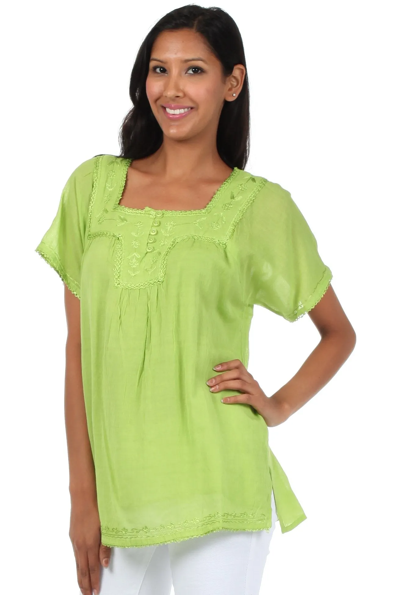 Sakkas Square Neck Button Detail Semi-Sheer Gauzy Cotton Blouse