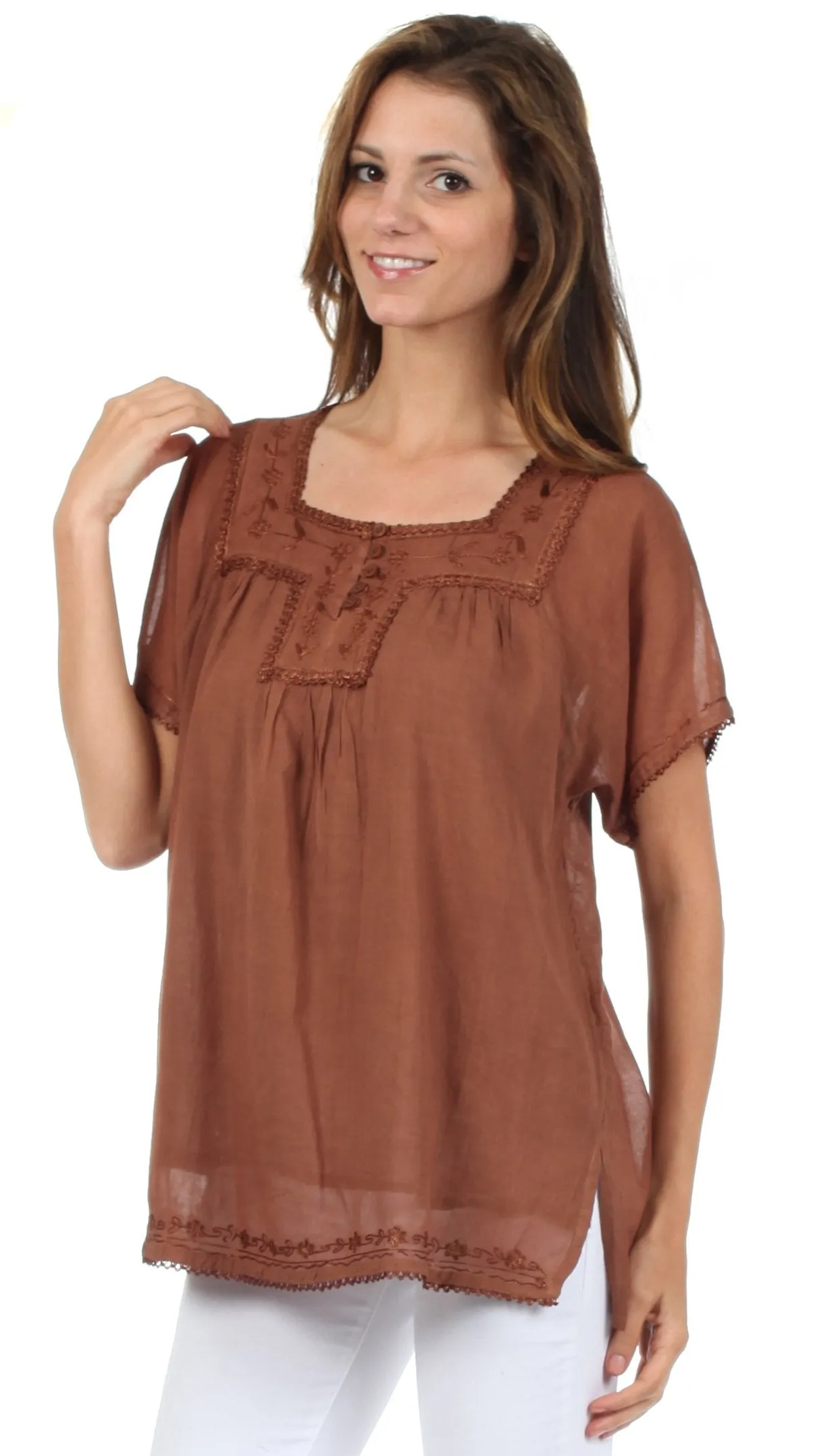 Sakkas Square Neck Button Detail Semi-Sheer Gauzy Cotton Blouse