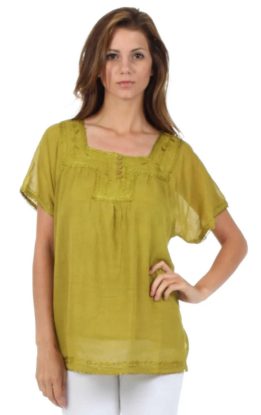 Sakkas Square Neck Button Detail Semi-Sheer Gauzy Cotton Blouse