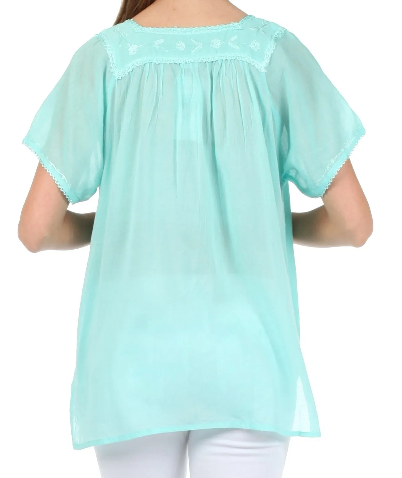 Sakkas Square Neck Button Detail Semi-Sheer Gauzy Cotton Blouse