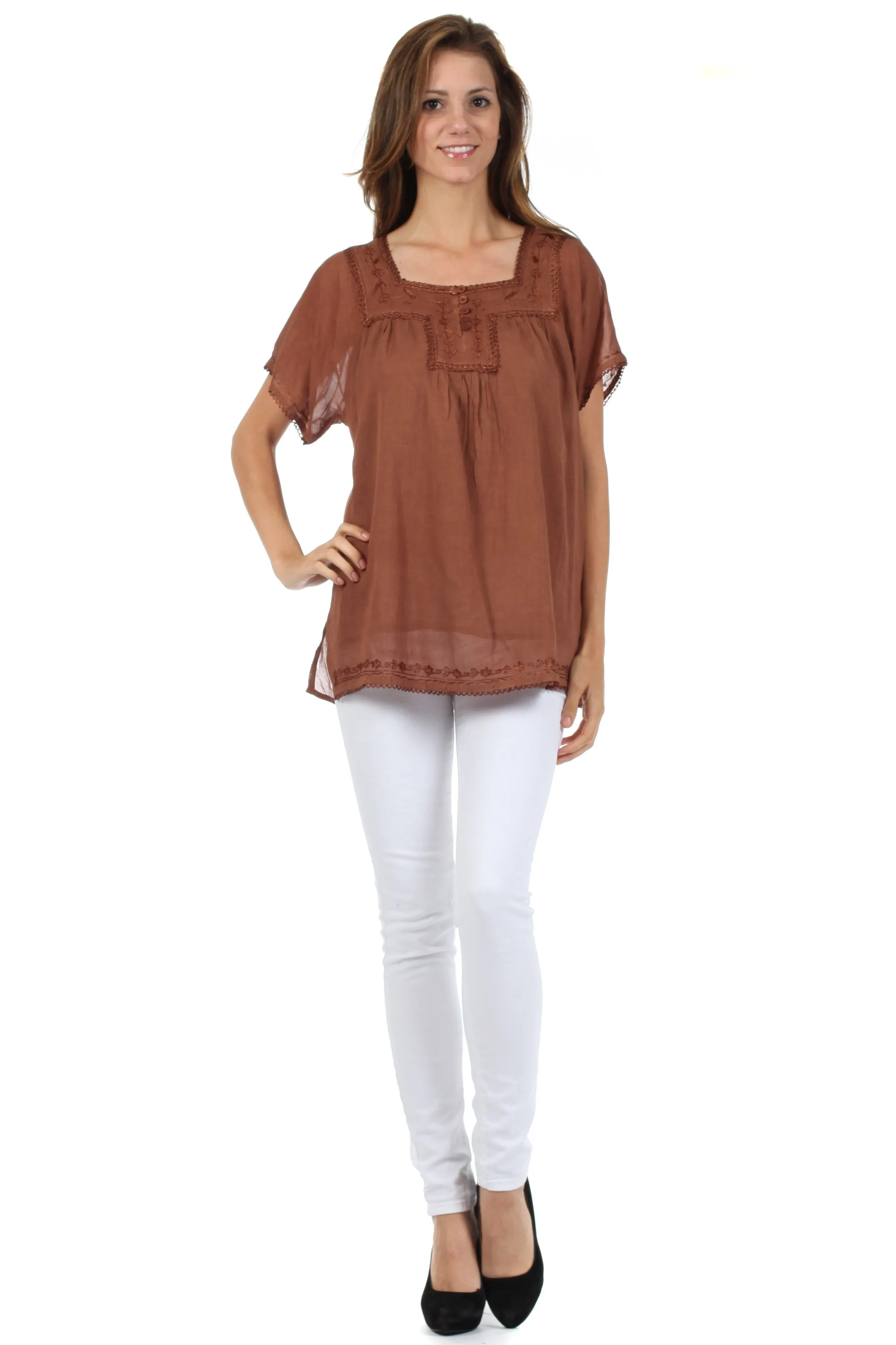 Sakkas Square Neck Button Detail Semi-Sheer Gauzy Cotton Blouse