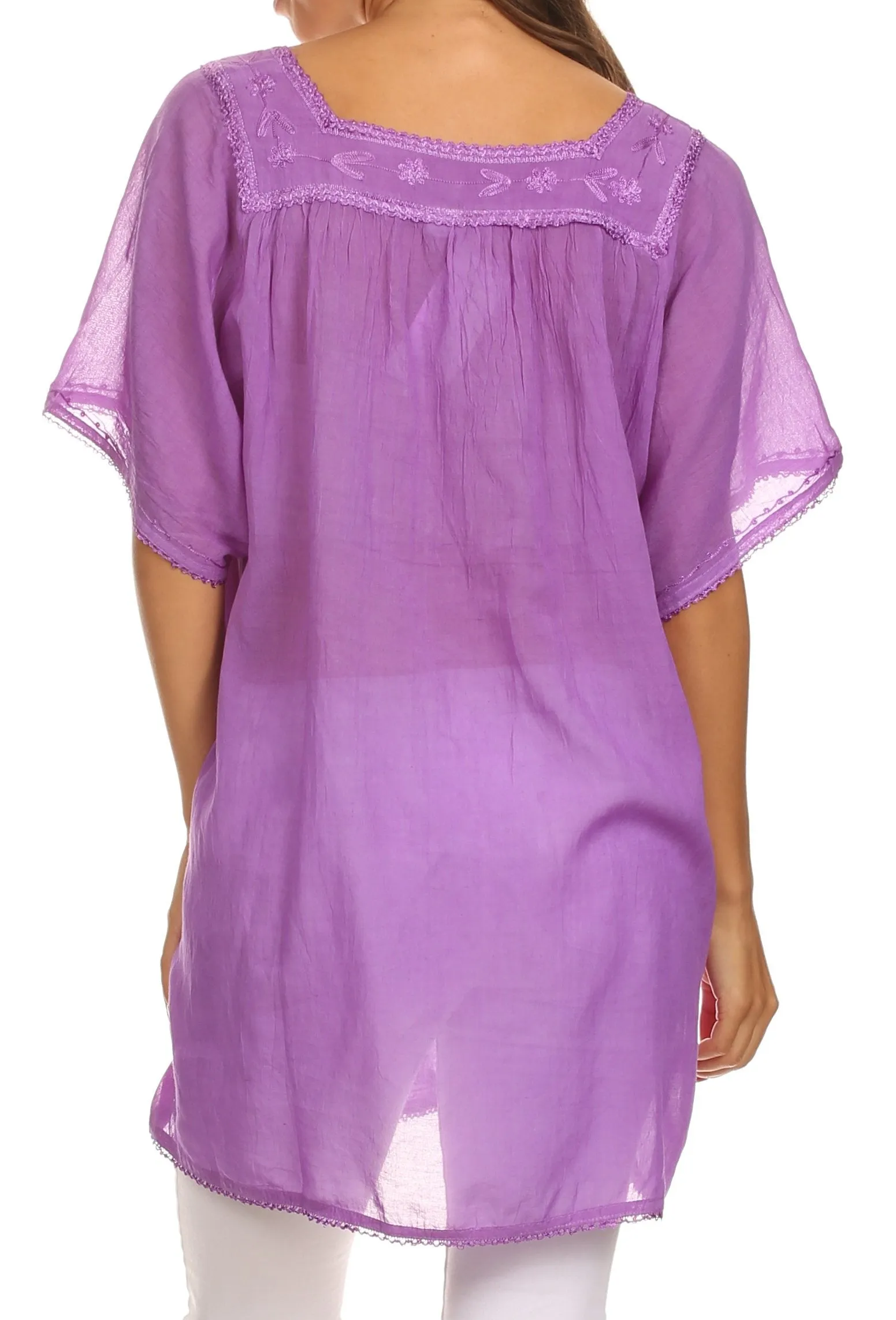 Sakkas Square Neck Button Detail Semi-Sheer Gauzy Cotton Blouse