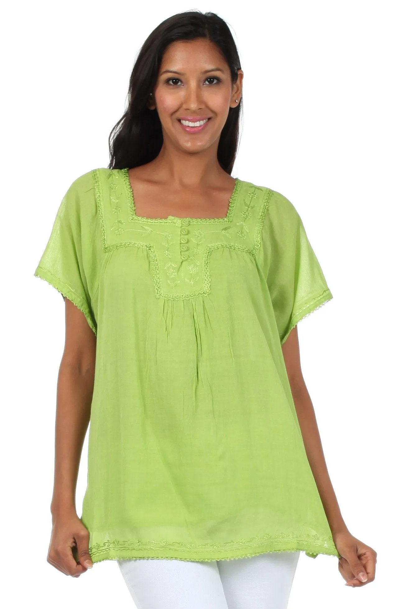 Sakkas Square Neck Button Detail Semi-Sheer Gauzy Cotton Blouse