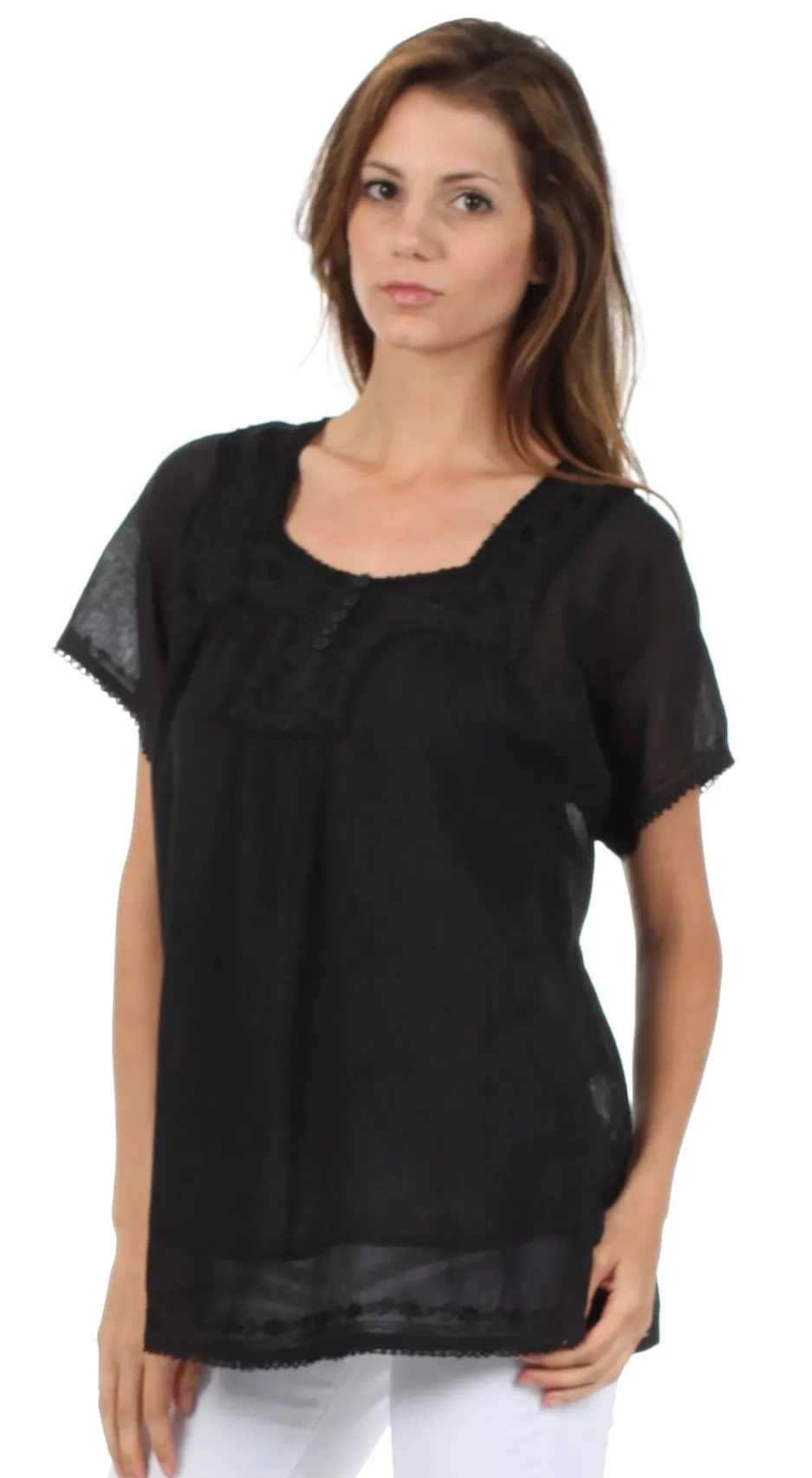 Sakkas Square Neck Button Detail Semi-Sheer Gauzy Cotton Blouse