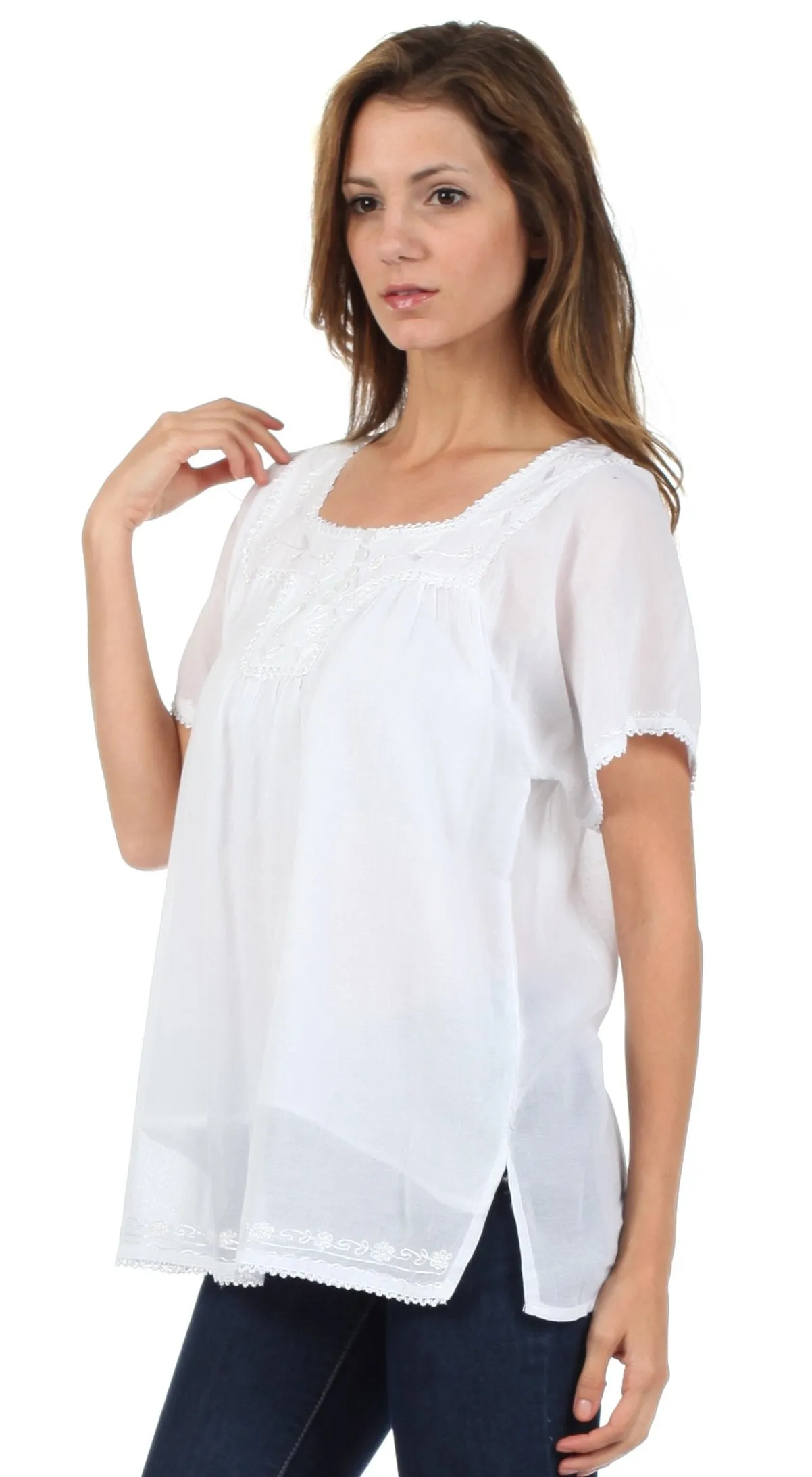 Sakkas Square Neck Button Detail Semi-Sheer Gauzy Cotton Blouse