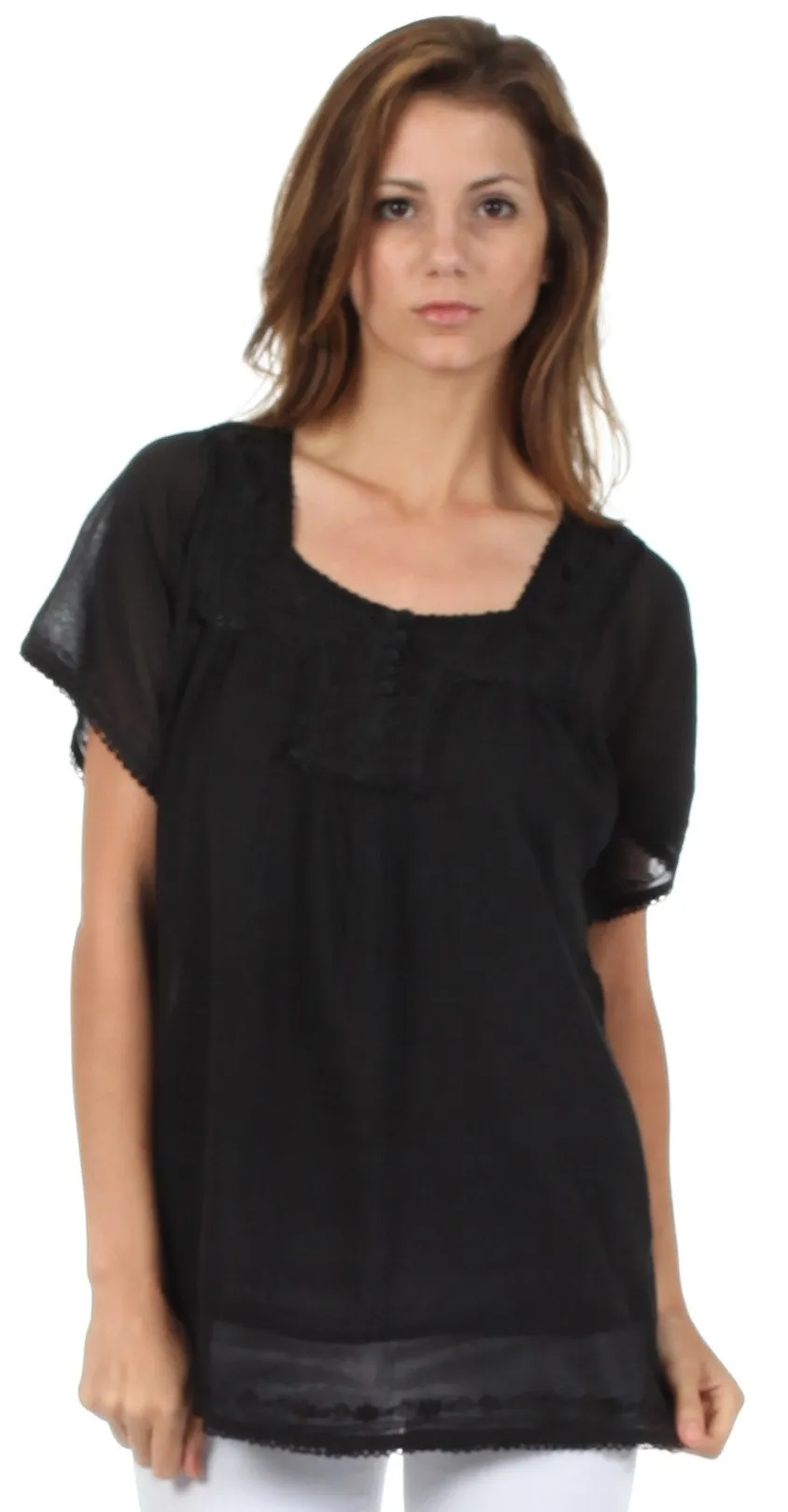 Sakkas Square Neck Button Detail Semi-Sheer Gauzy Cotton Blouse