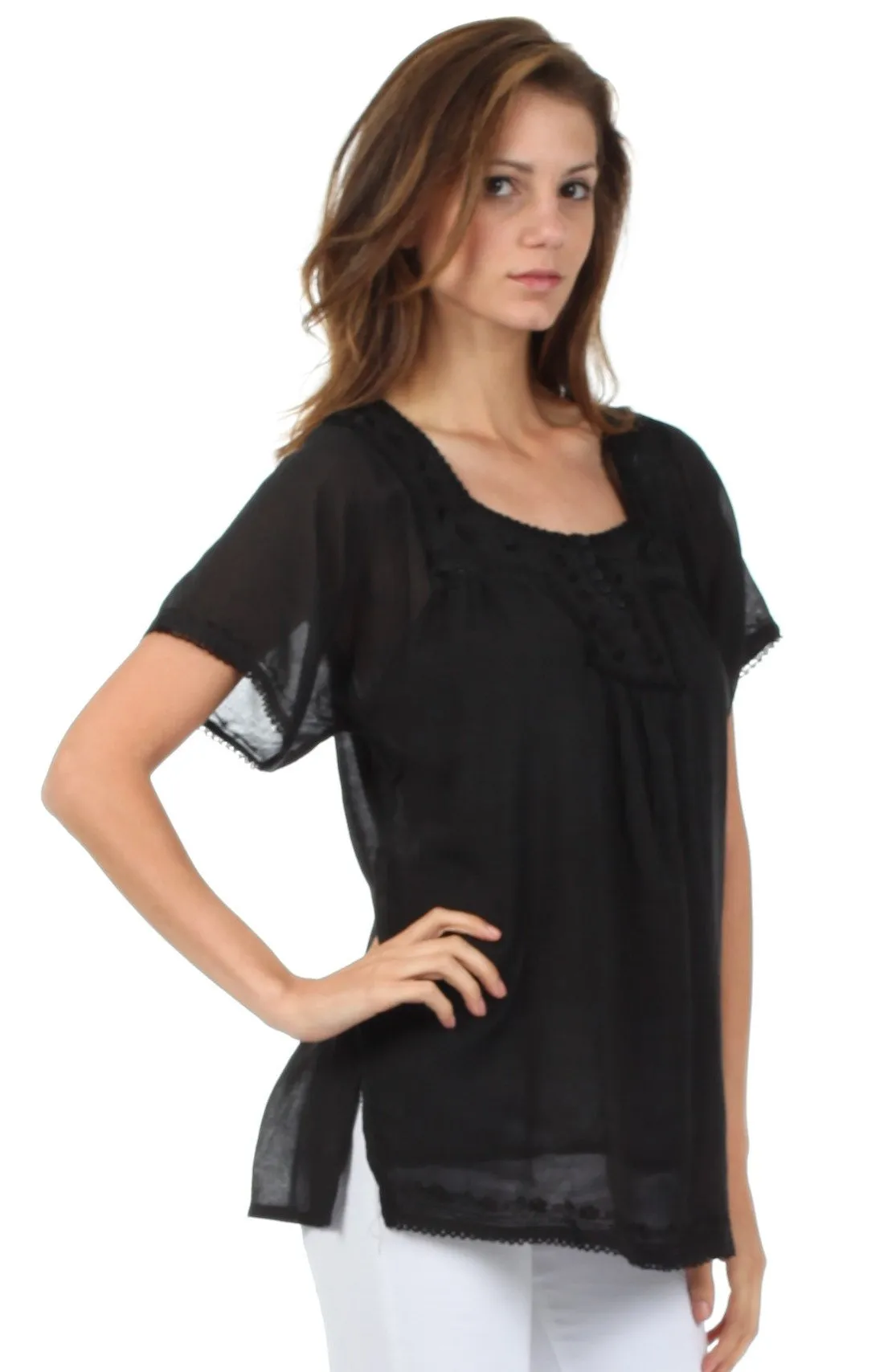 Sakkas Square Neck Button Detail Semi-Sheer Gauzy Cotton Blouse