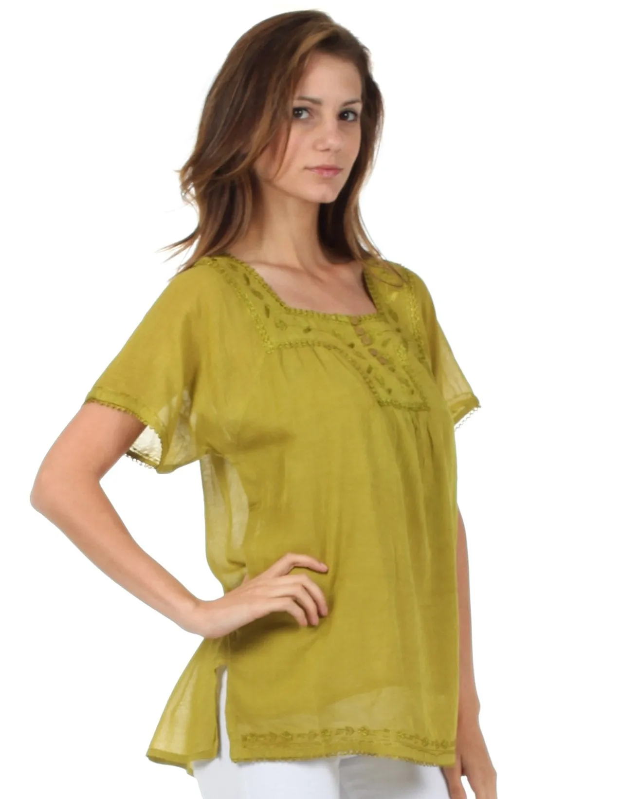 Sakkas Square Neck Button Detail Semi-Sheer Gauzy Cotton Blouse