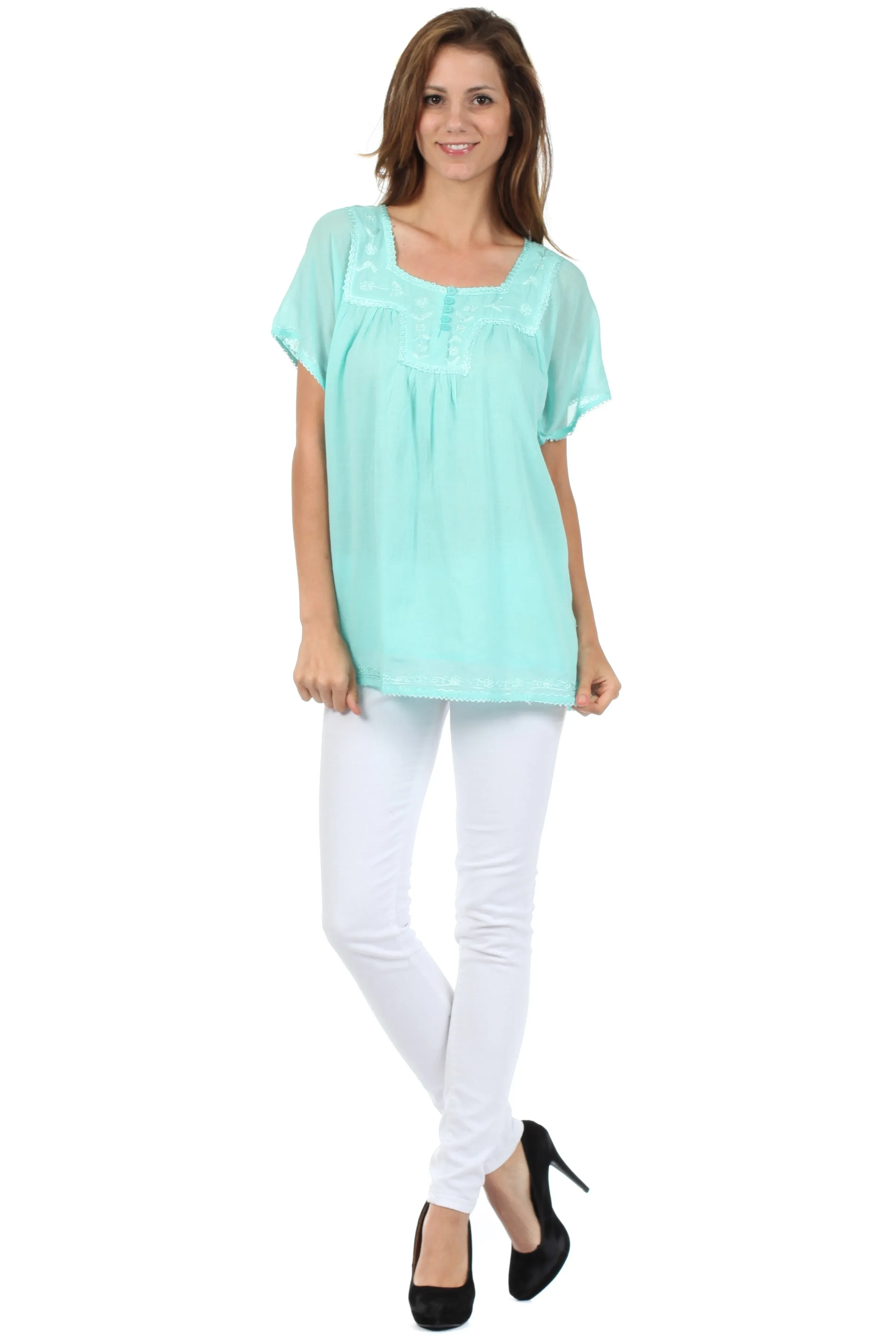 Sakkas Square Neck Button Detail Semi-Sheer Gauzy Cotton Blouse