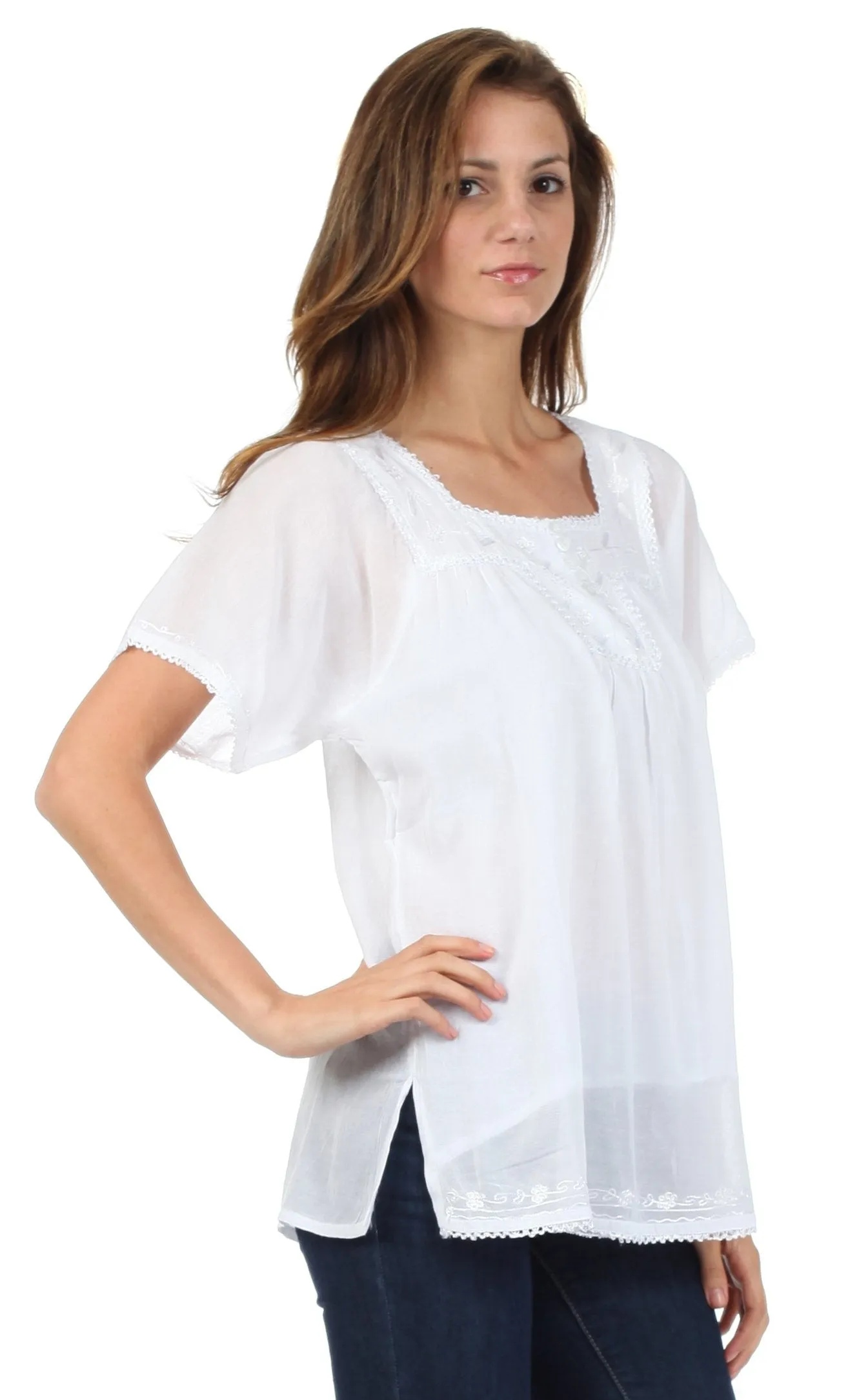 Sakkas Square Neck Button Detail Semi-Sheer Gauzy Cotton Blouse