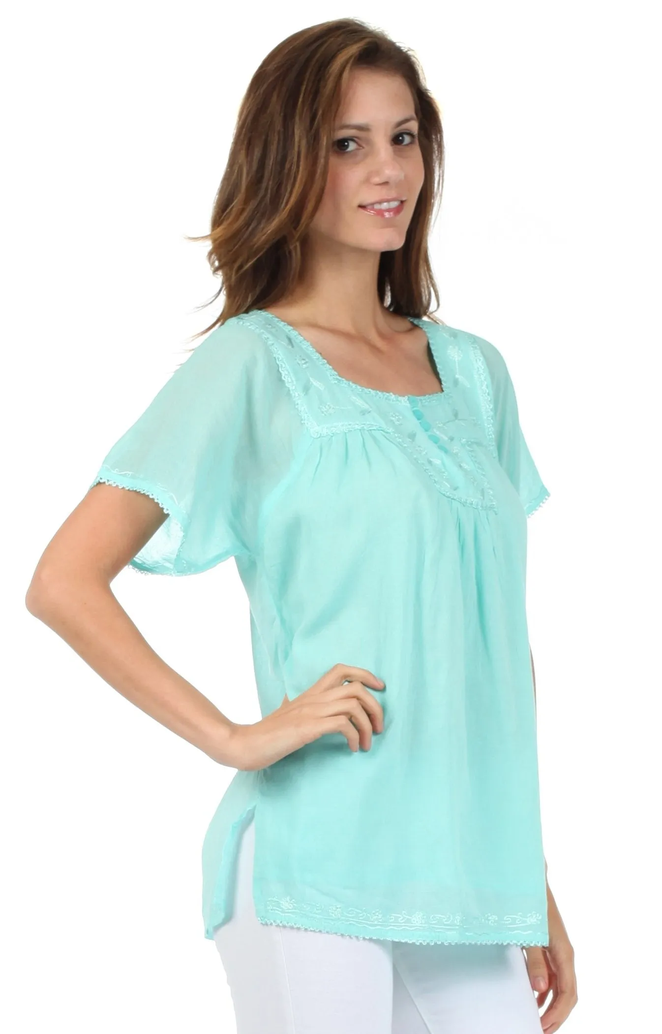 Sakkas Square Neck Button Detail Semi-Sheer Gauzy Cotton Blouse