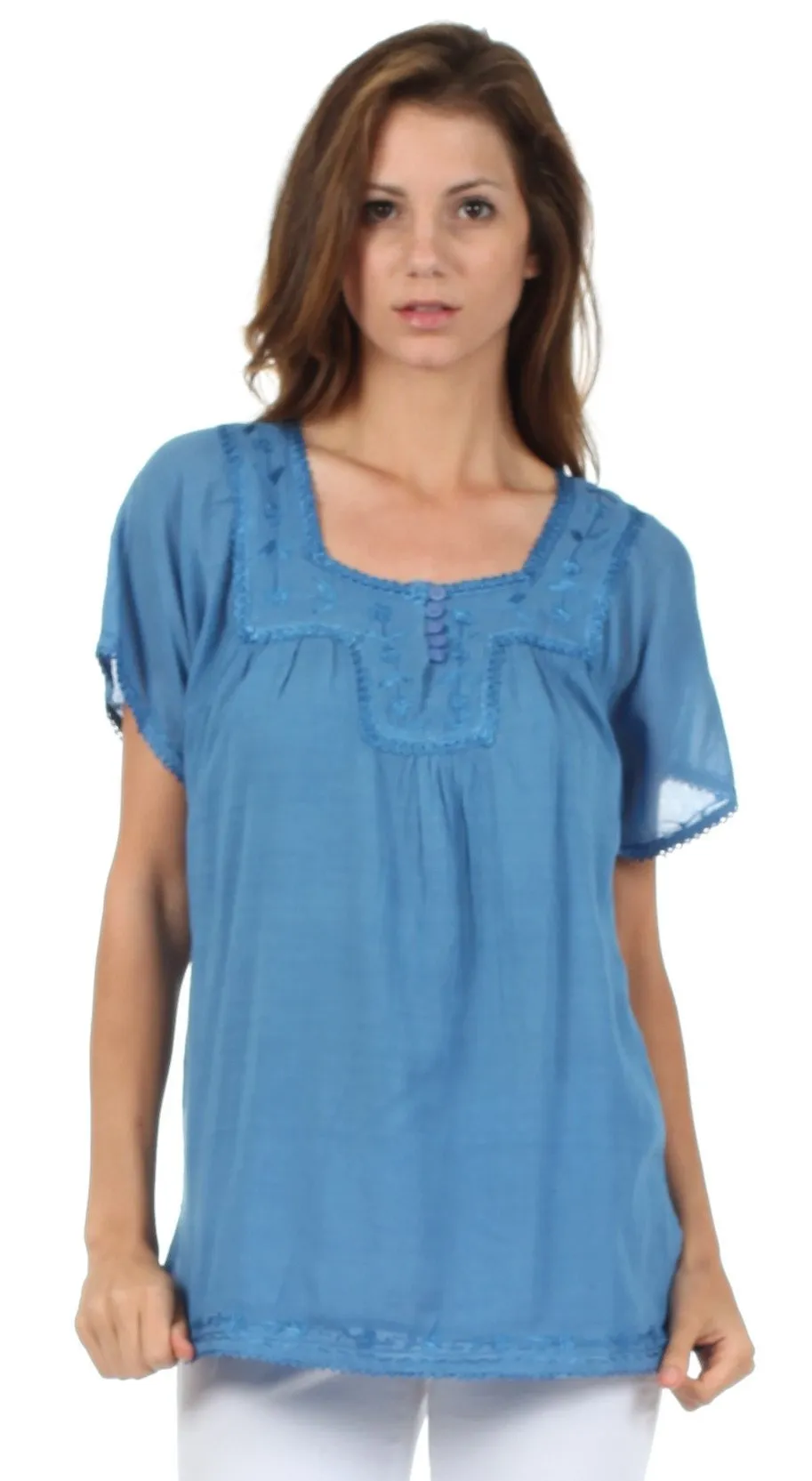 Sakkas Square Neck Button Detail Semi-Sheer Gauzy Cotton Blouse