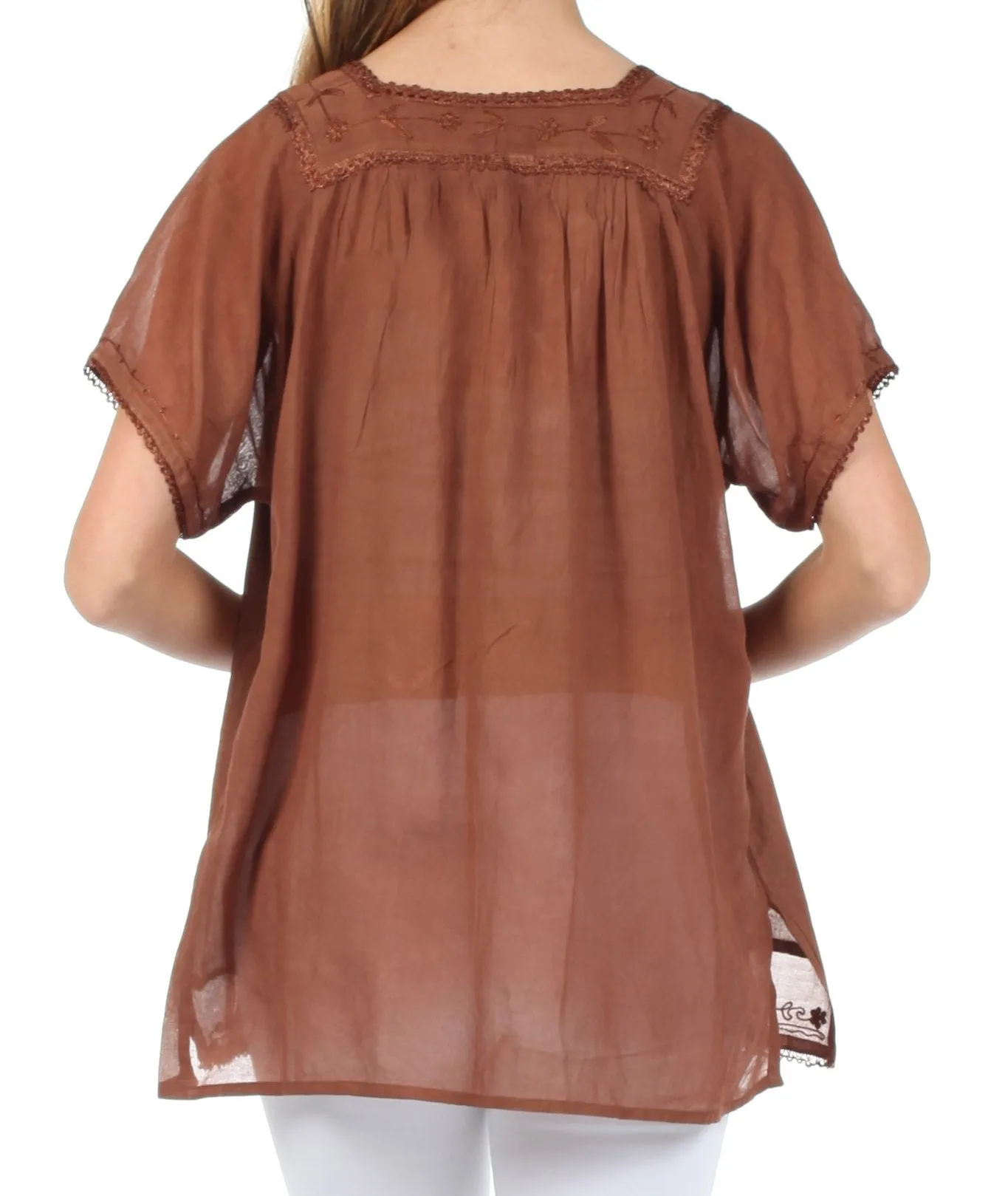 Sakkas Square Neck Button Detail Semi-Sheer Gauzy Cotton Blouse