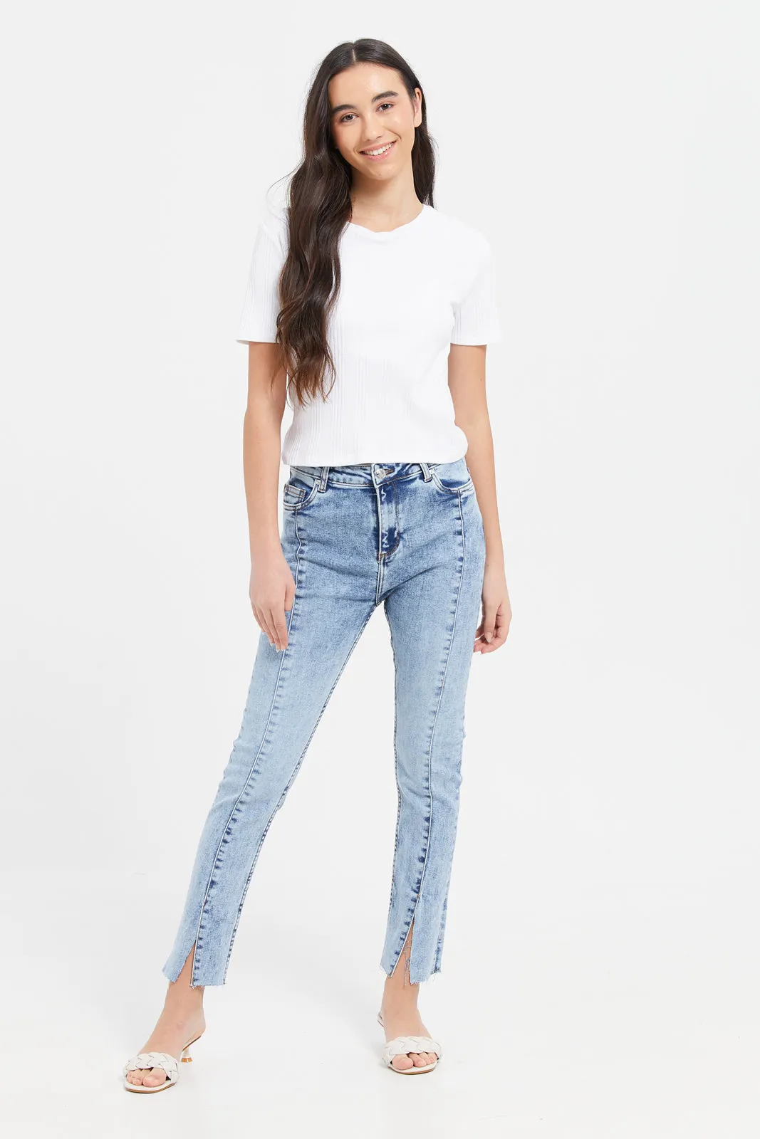 Senior Girls Blue Skinny Jeans With Front Slit