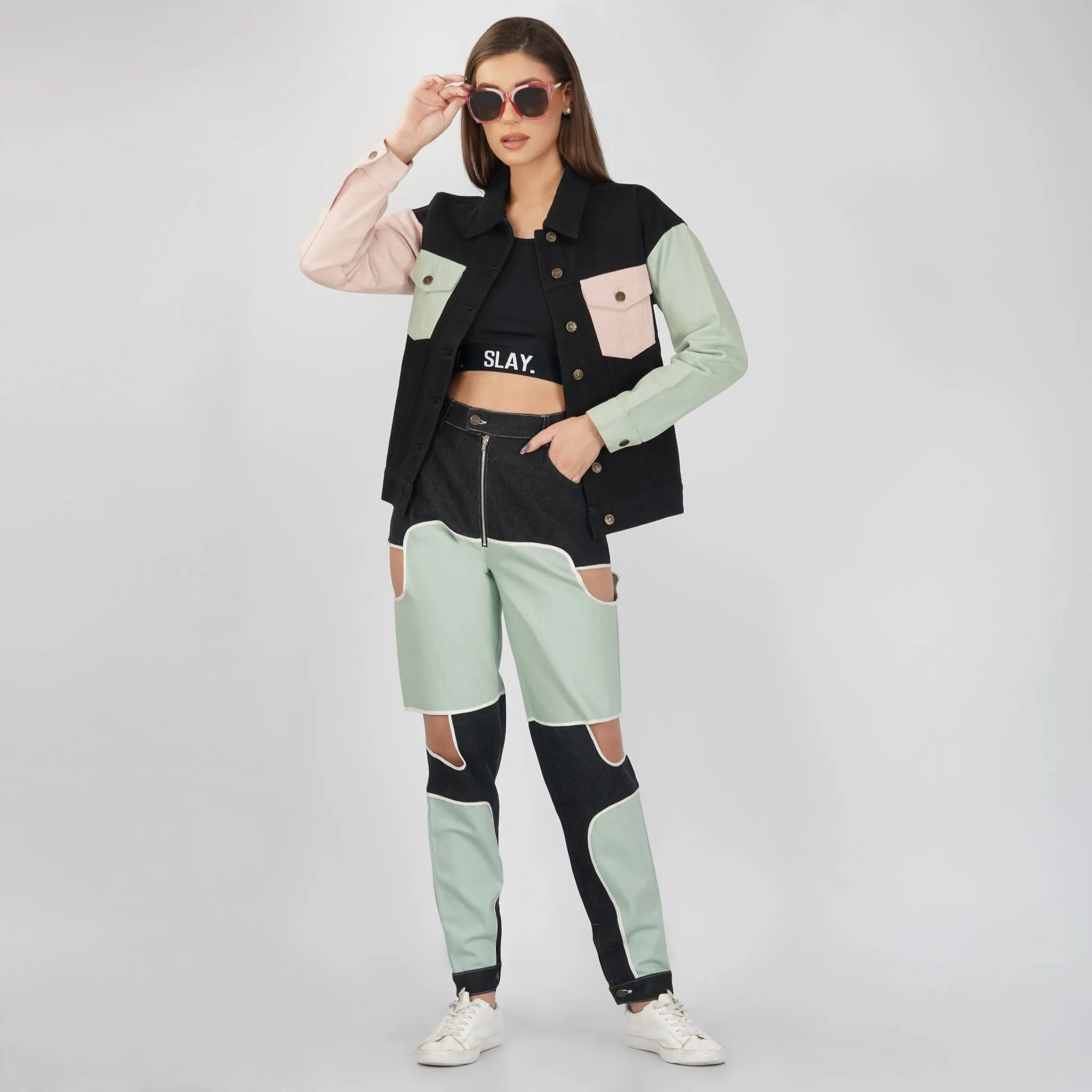 SLAY. Women's Flap Pocket Colorblock Denim Jacket & Jeans Co-ord Set