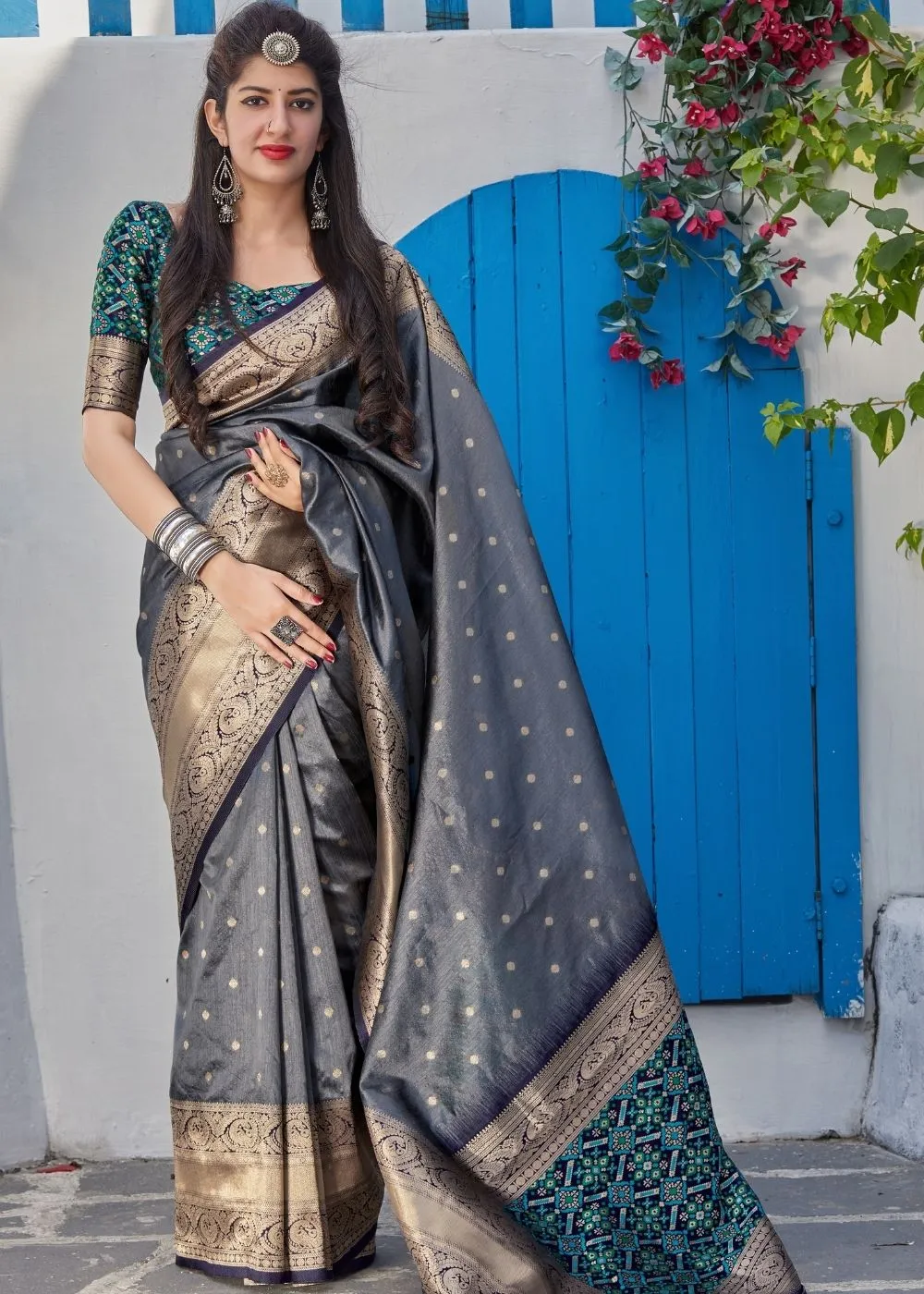 Steel Grey Woven Banarasi Silk Saree with Patola Pallu and Blouse