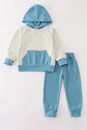 Teal plaid boy hoodie pants set