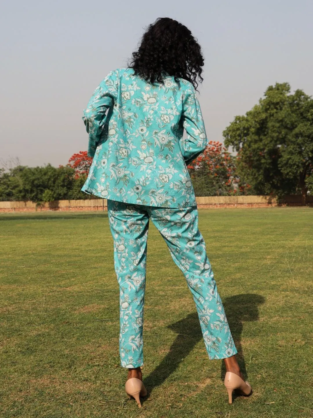 Turquoise Cotton Block Print Pant Suit Set