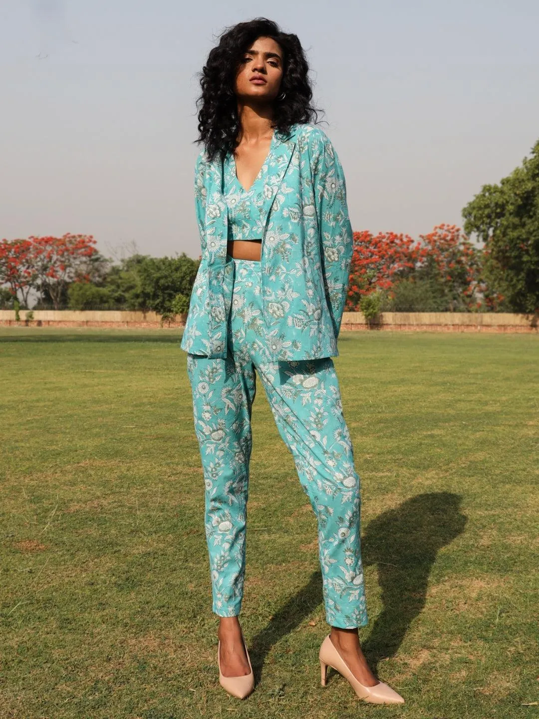 Turquoise Cotton Block Print Pant Suit Set