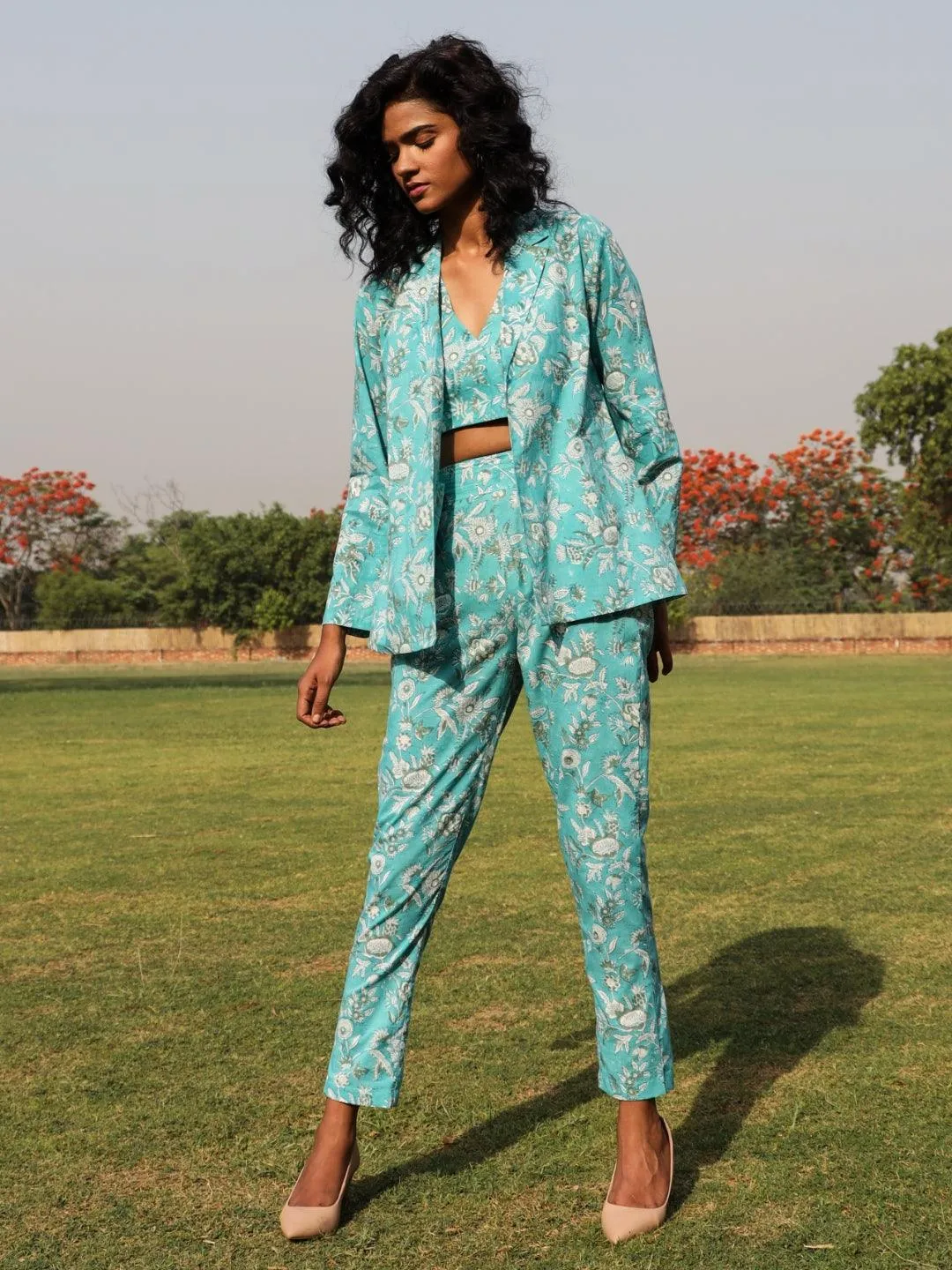 Turquoise Cotton Block Print Pant Suit Set