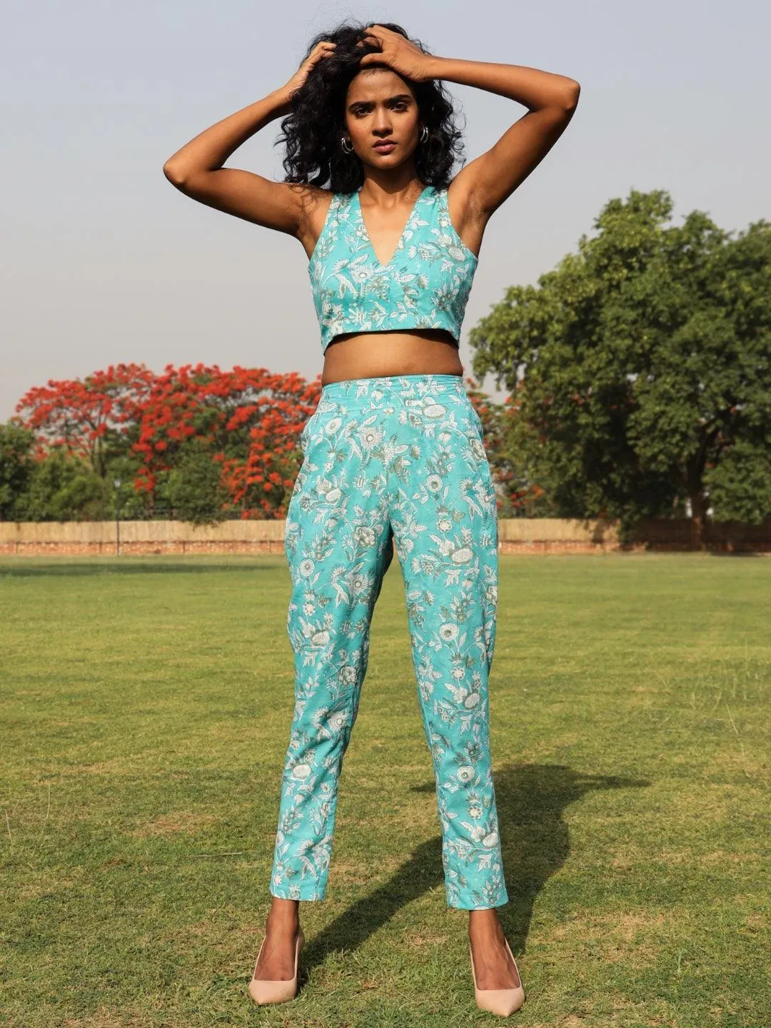 Turquoise Cotton Block Print Pant Suit Set