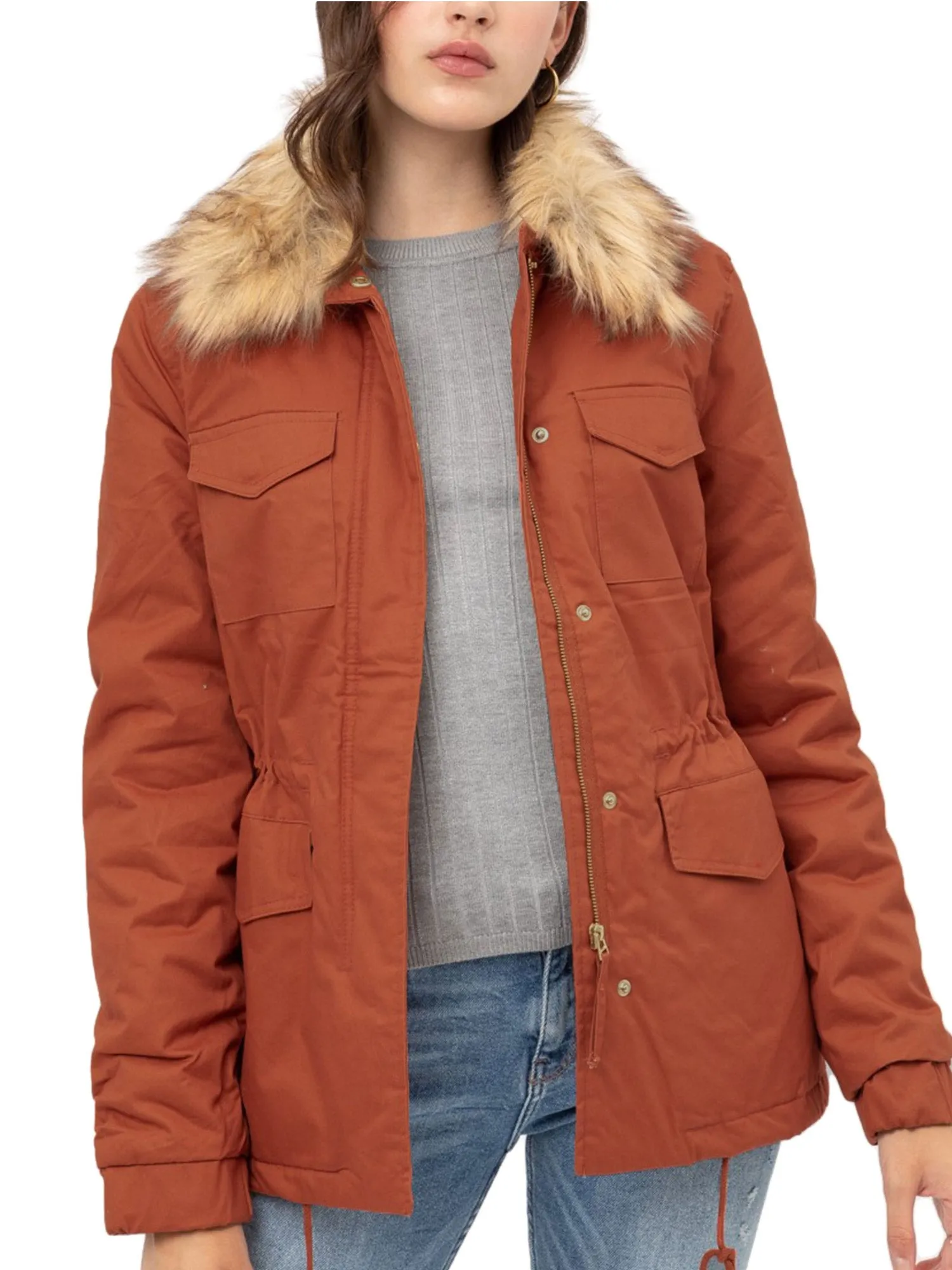 Womens Fully Lined Zip Up Anorak Jacket Detachable Faux Fur Trim