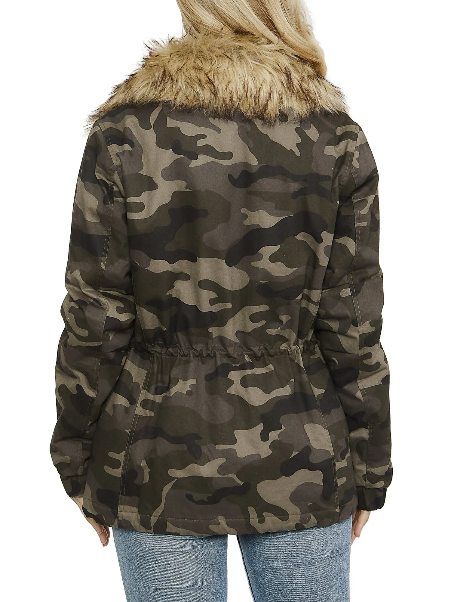 Womens Fully Lined Zip Up Anorak Jacket Detachable Faux Fur Trim