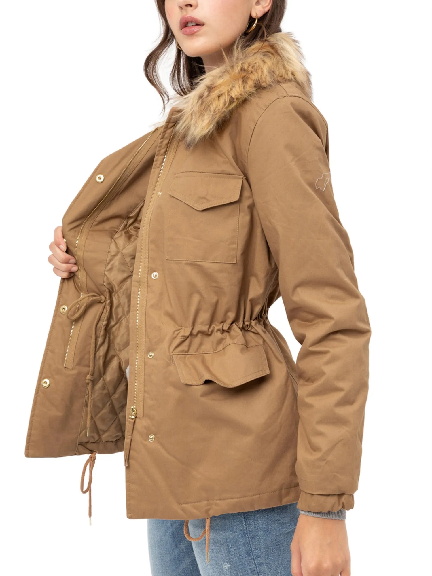 Womens Fully Lined Zip Up Anorak Jacket Detachable Faux Fur Trim