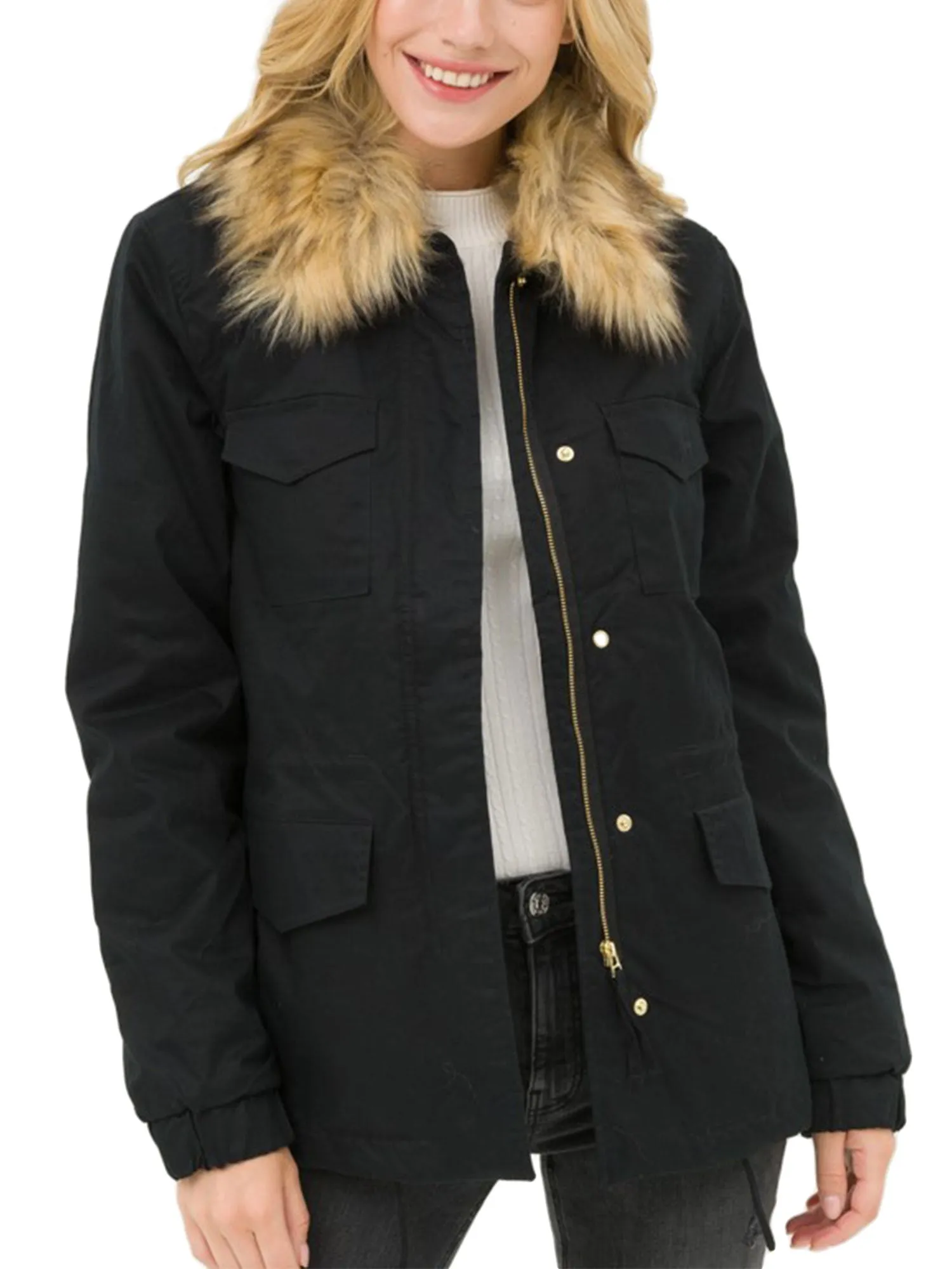 Womens Fully Lined Zip Up Anorak Jacket Detachable Faux Fur Trim