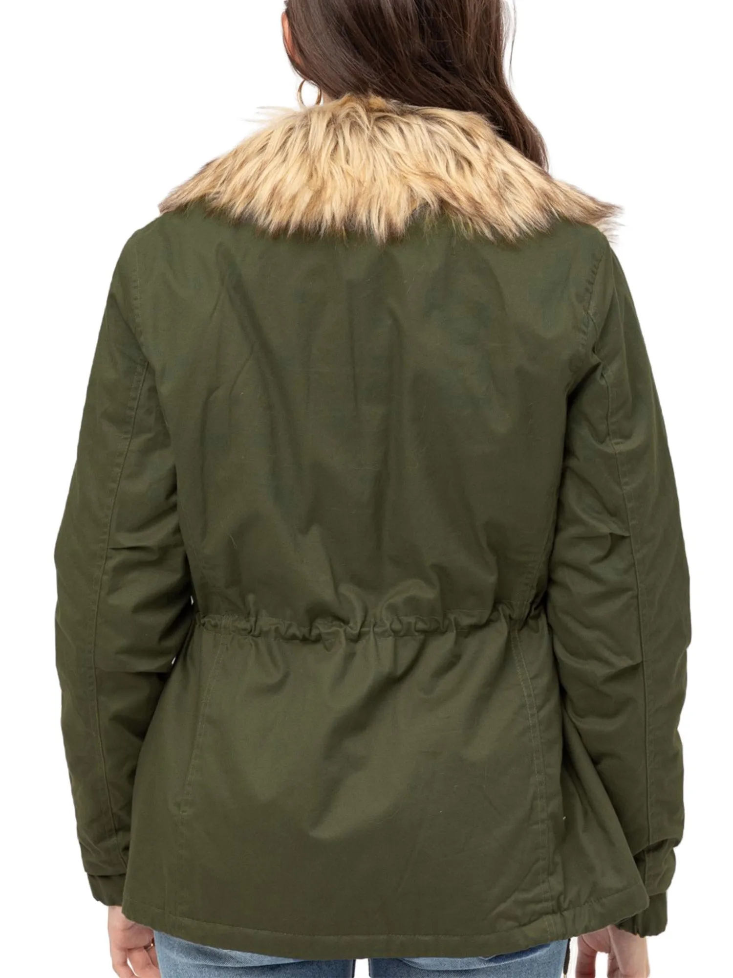 Womens Fully Lined Zip Up Anorak Jacket Detachable Faux Fur Trim