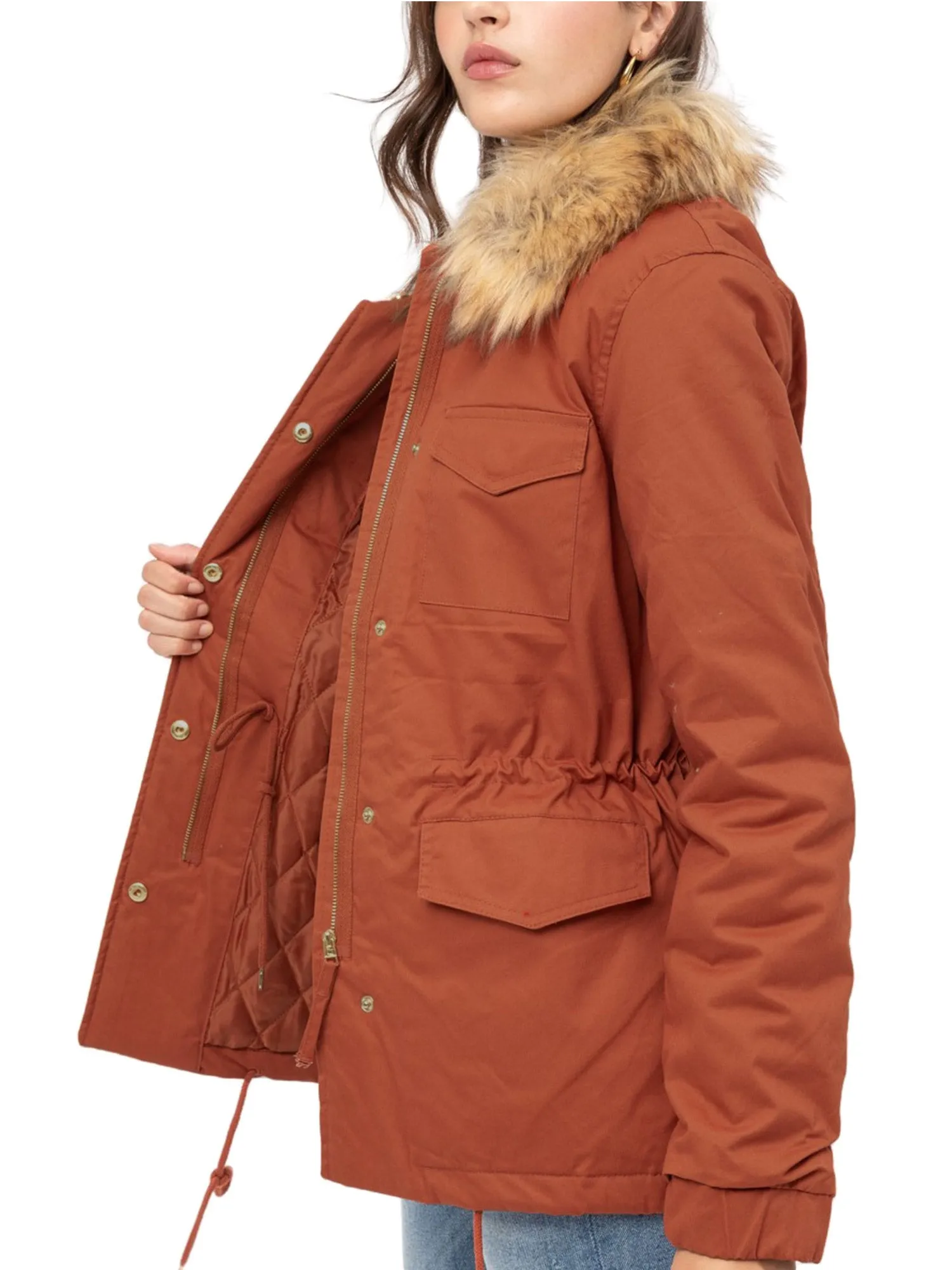 Womens Fully Lined Zip Up Anorak Jacket Detachable Faux Fur Trim