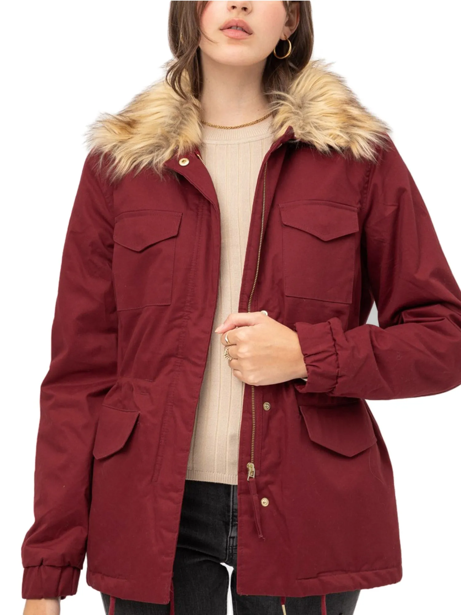 Womens Fully Lined Zip Up Anorak Jacket Detachable Faux Fur Trim