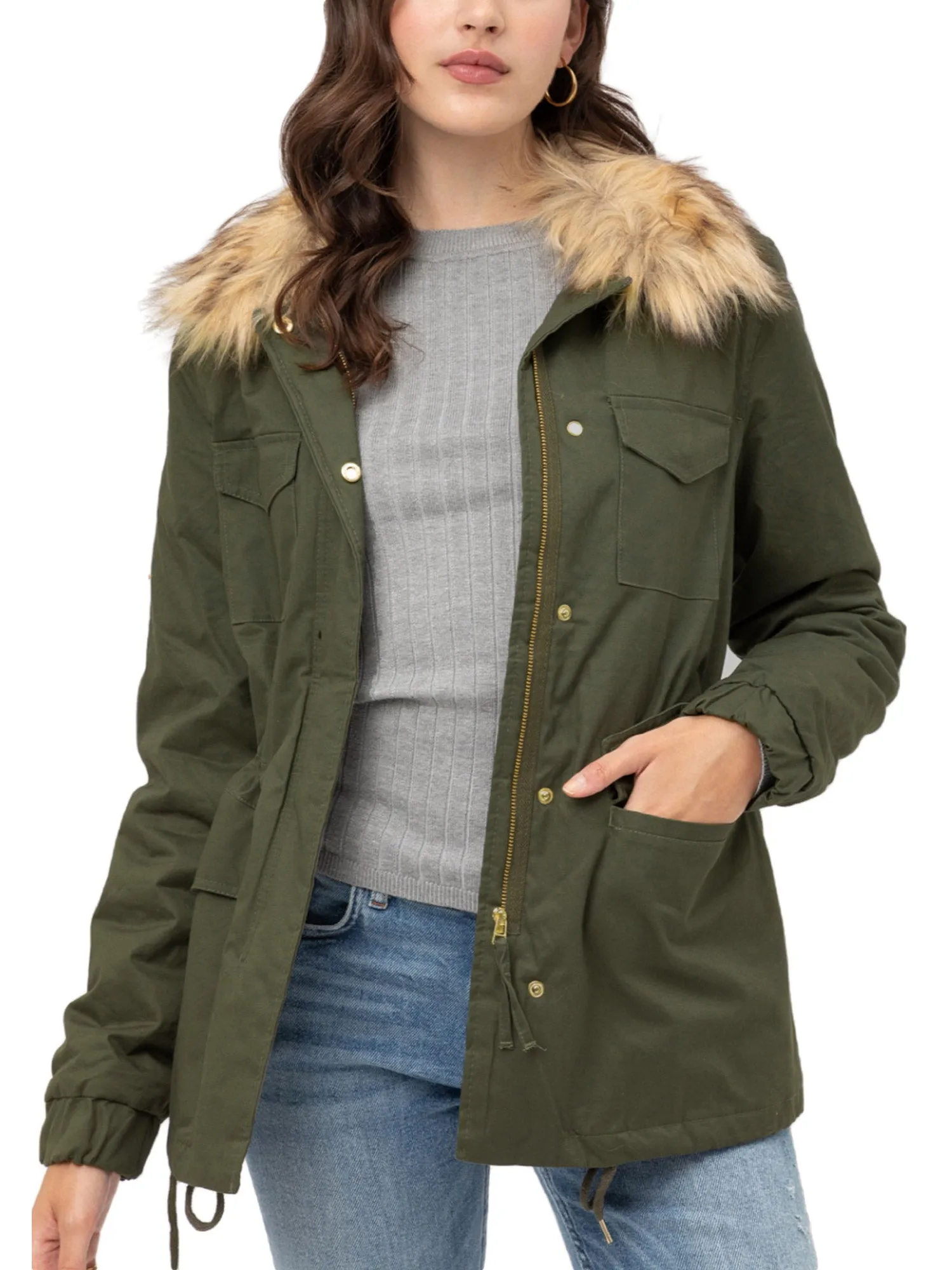 Womens Fully Lined Zip Up Anorak Jacket Detachable Faux Fur Trim