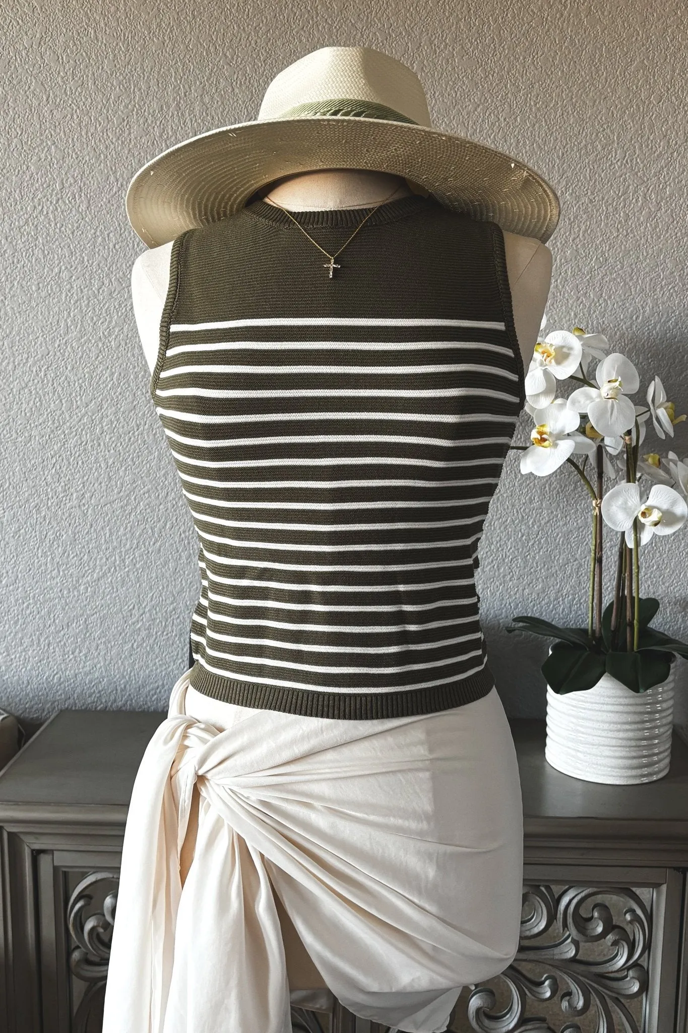 Women's Lightweight Knit Tank Striped | Olive Green