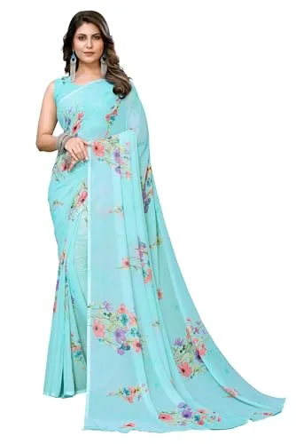 Yashika Women's Trendy Printed Georgette Color Saree with Blouse Material(Vinita Sky Blue) (Barsha-P Blue19)